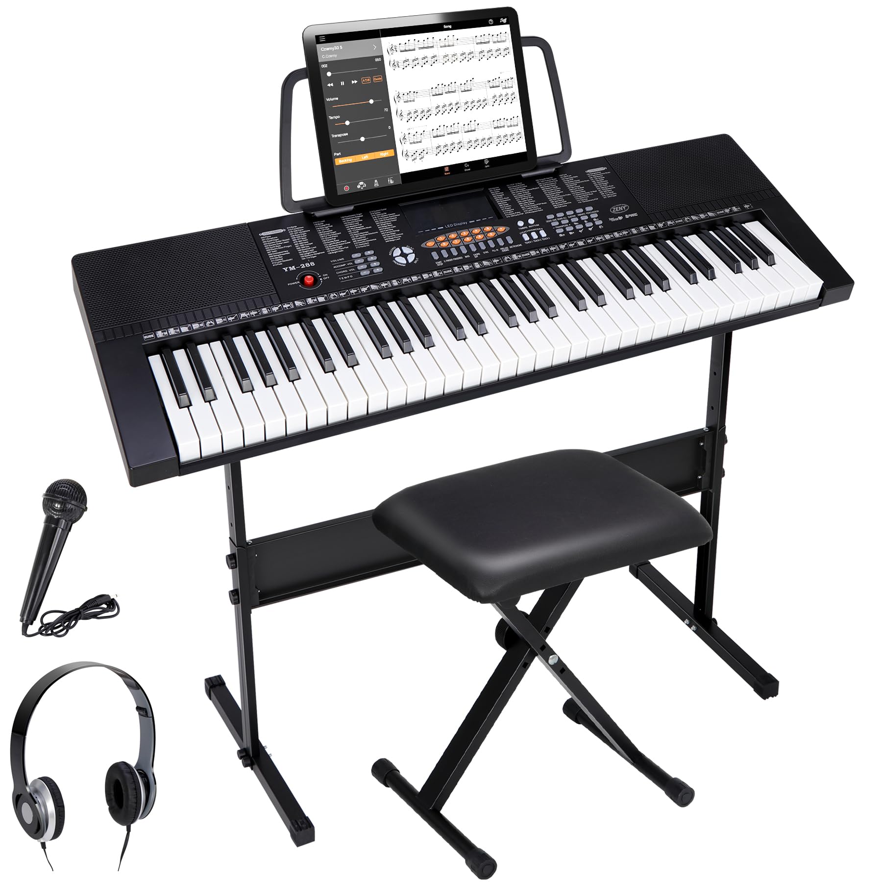 ZENY 61-Key Portable Electric Keyboard Piano with Built In Speakers, LED Screen, Headphones, Microphone, Piano Stand, Music Shee