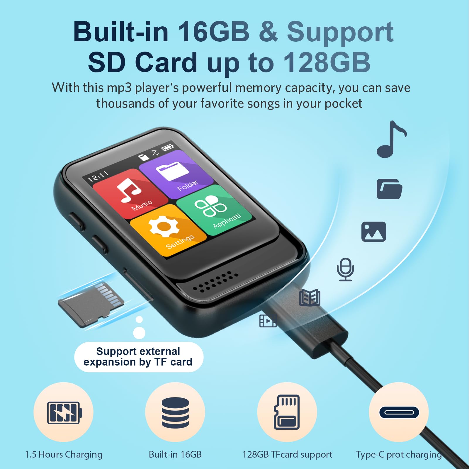 Qngee Bluetooth Mp3 Player, Portable Music Player With Fm Radio, Voice Recorder, Ebook Digital Audio Player With 16Gb Internal M