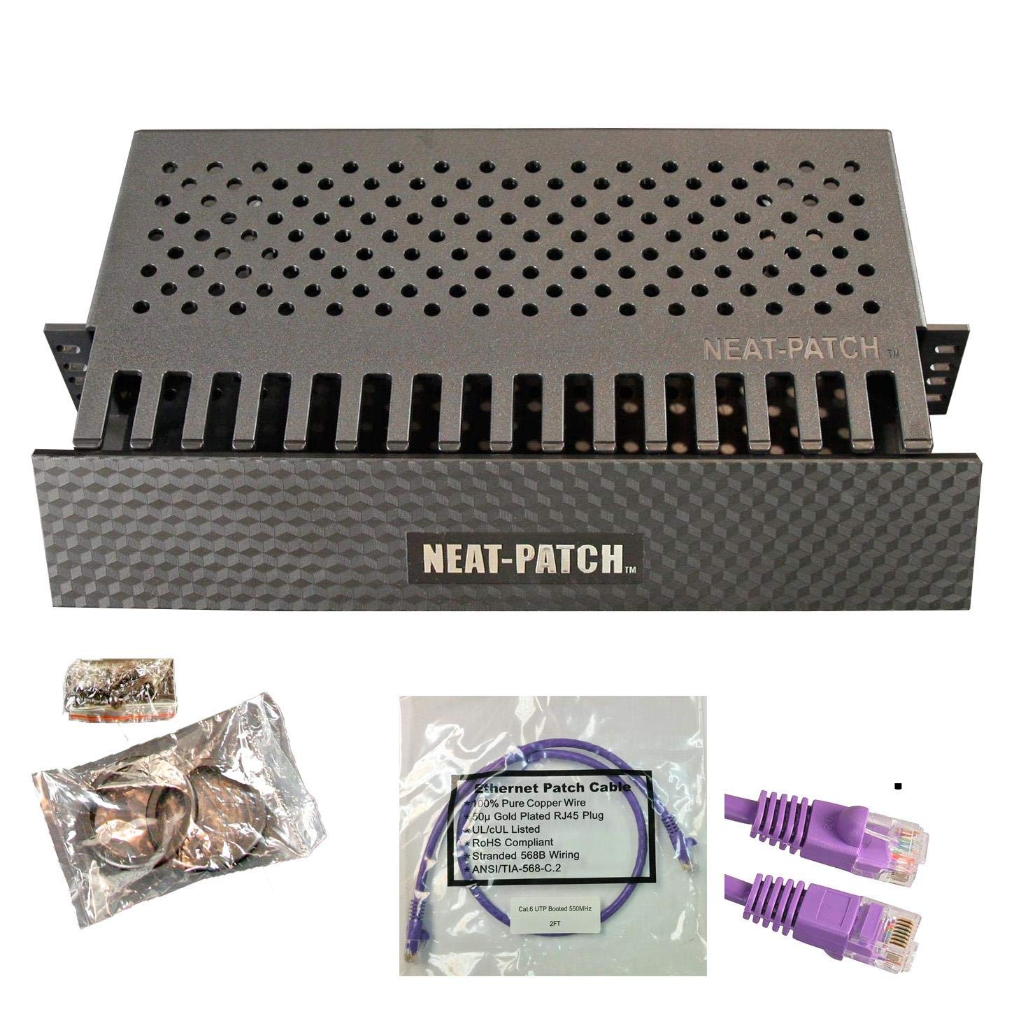 Neat Patch 2U Cable Management Kit   1 Pack W/ 48 Cat6 Patch Cables (2Ft Purple)