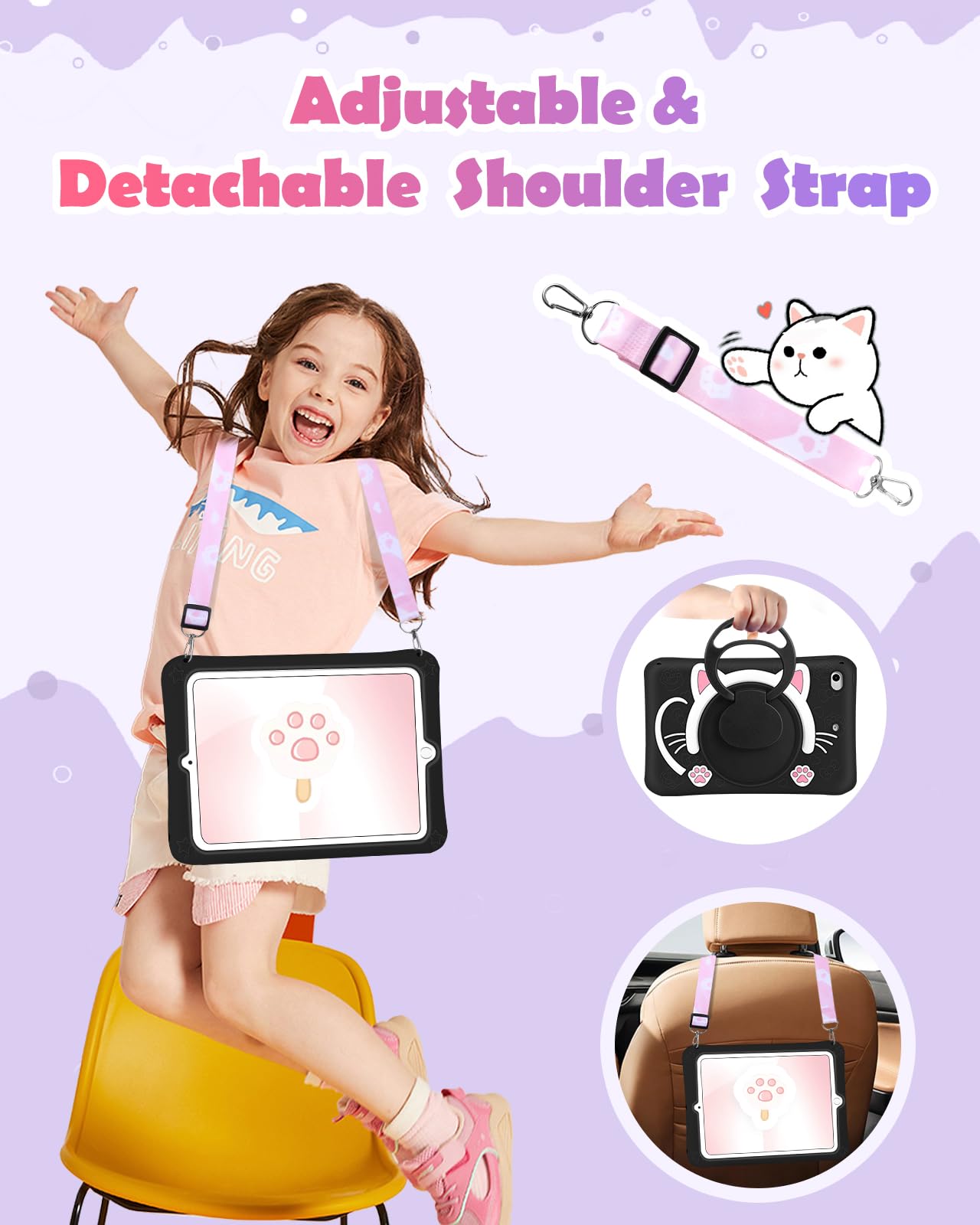 Wazzasoft For Ipad Mini 4/5 Case 7.9 Inch Girls Cute Black Cat Cover Kawaii Girly 3D Cartoon Women Kitten With Rotating Handle S