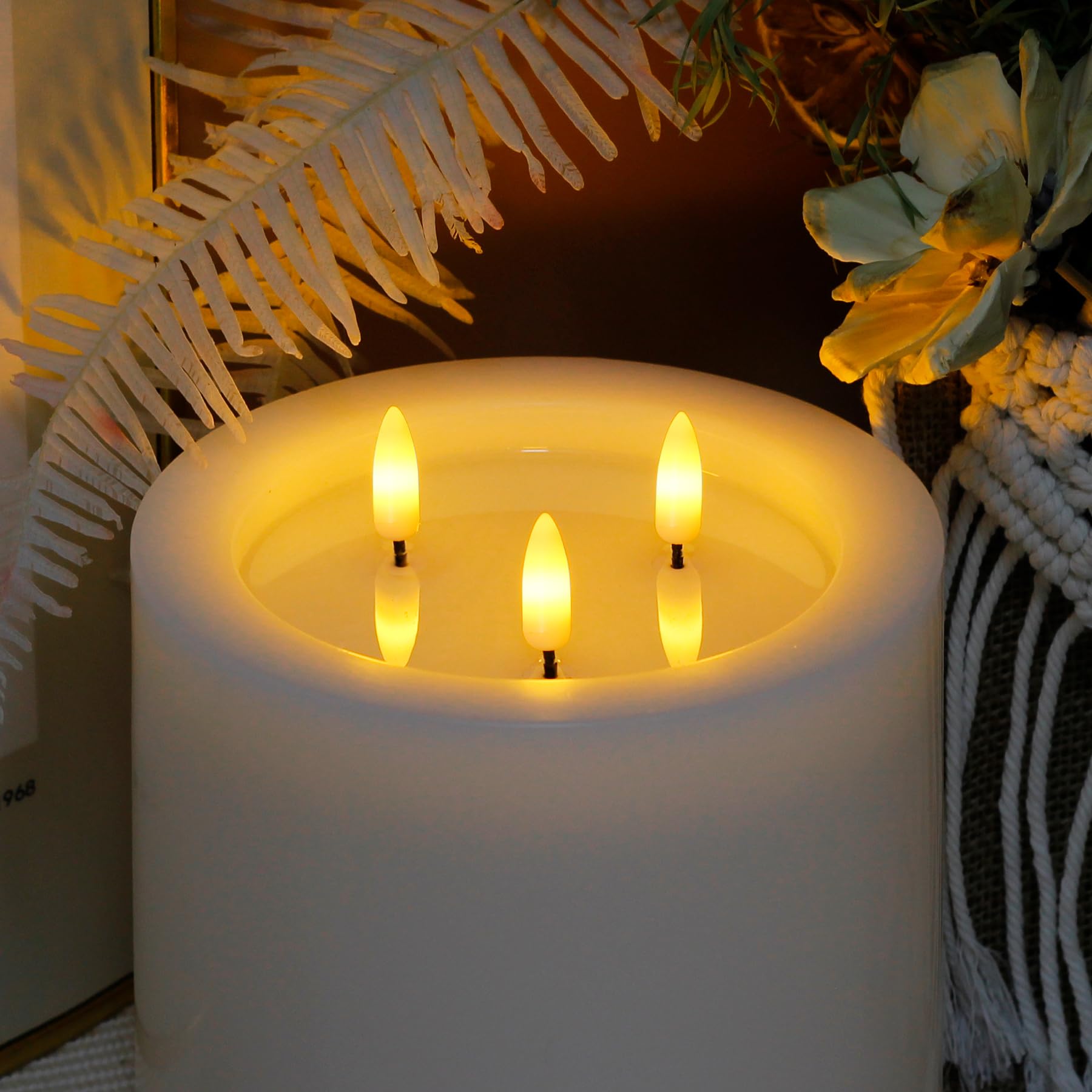 Yeelida 3 Wick 6   X6    Large Flameless Pillar Candles With Remote Control And Timer Function,White Battery Operated Led Flicke