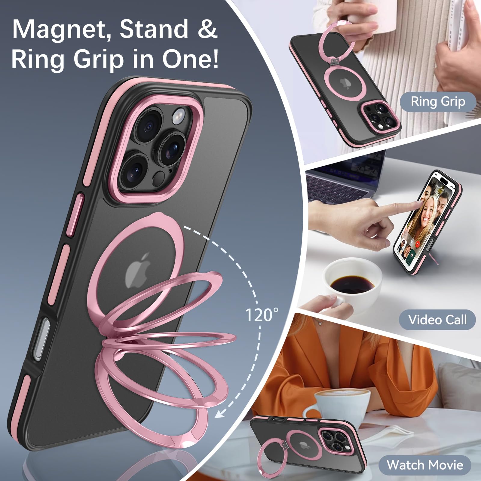 Veningo Iphone 16 Pro Max Case, Magnetic Slim Fit Magsafe Translucent Matte Car Mount Supported Foldable Ring Holder Kickstand S