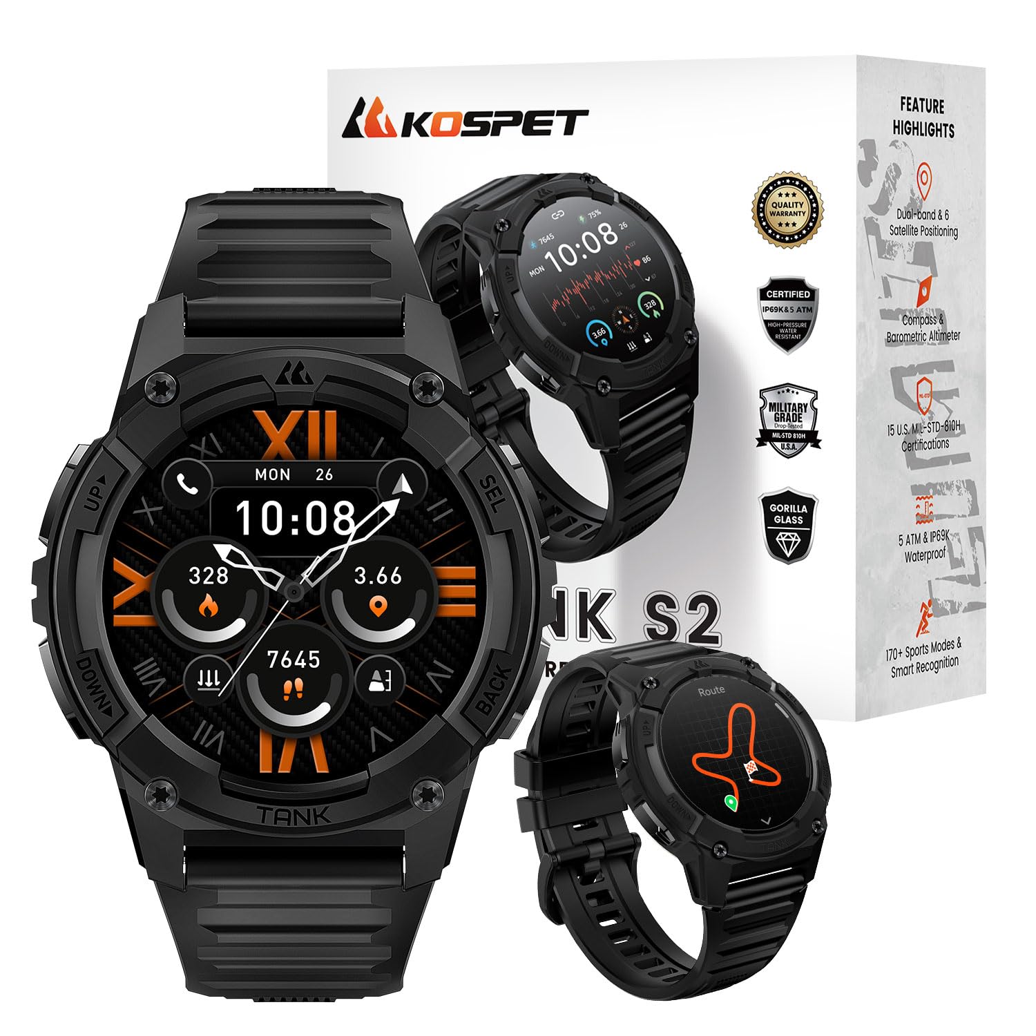 Kospet Tank S2 Smart Watch For Men Women Gps, 5Atm Waterproof, Pressure/Altitude/Compass, 1.32 '' Amoled Display Fitness Tracker