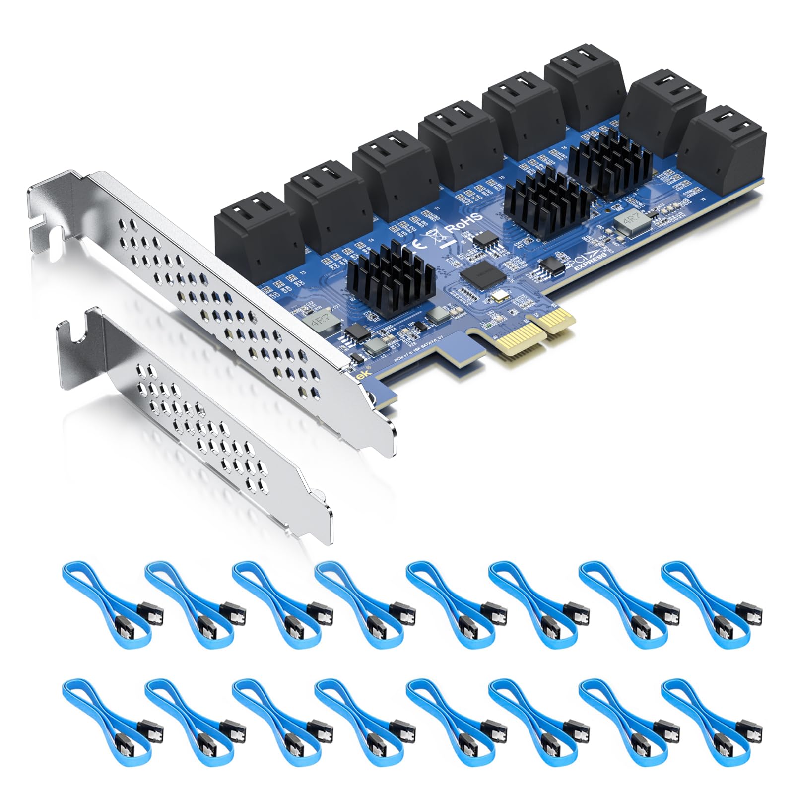16 Port Pcie Sata Card, Sata3.0 Expansion Card, X1, With 16 Sata Cable, Support Ssd And Hdd