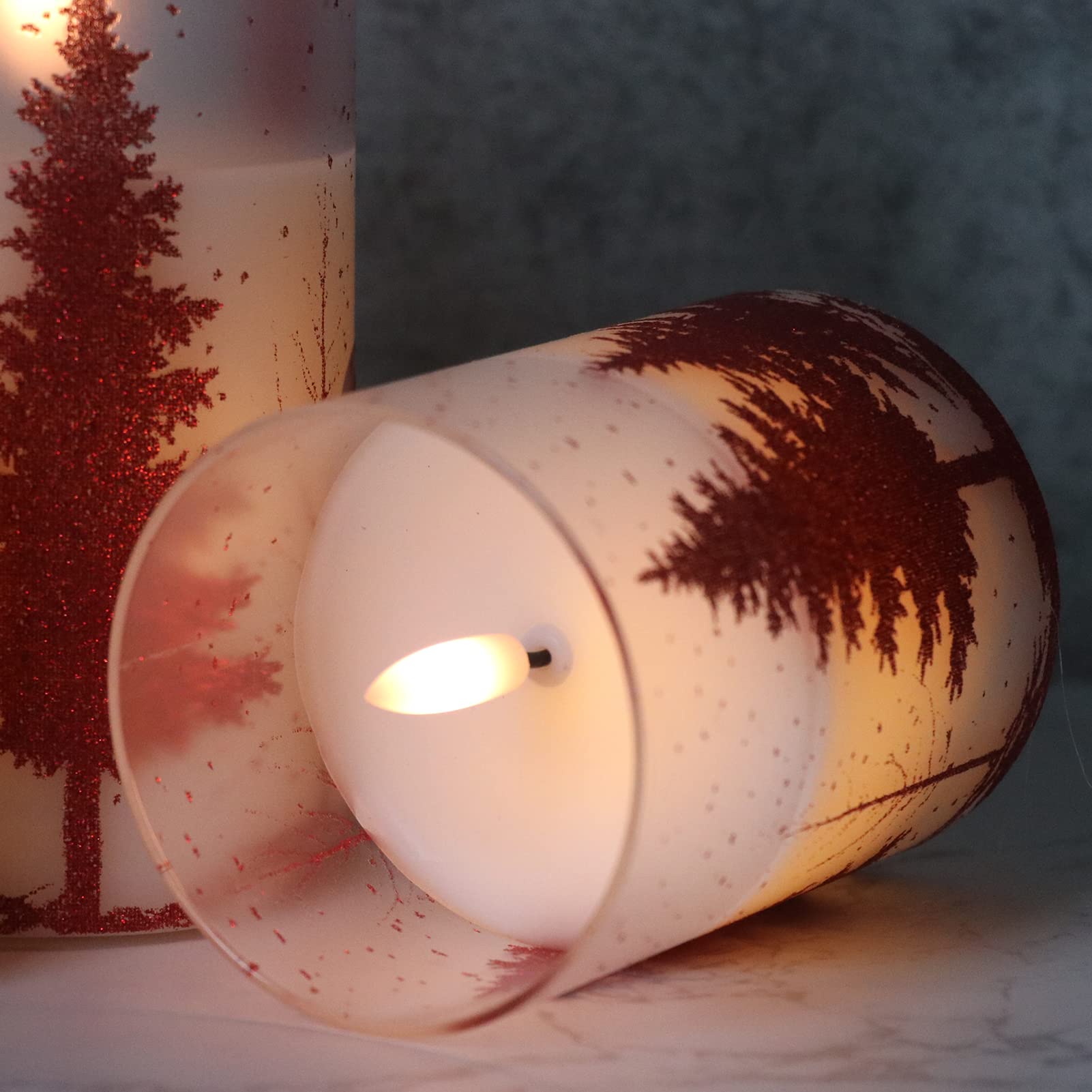 Wondise Glass Flameless Candles With Remote And Timer, Battery Operated Pine Tree Decals Pillar Candles For Home Decoration, Set
