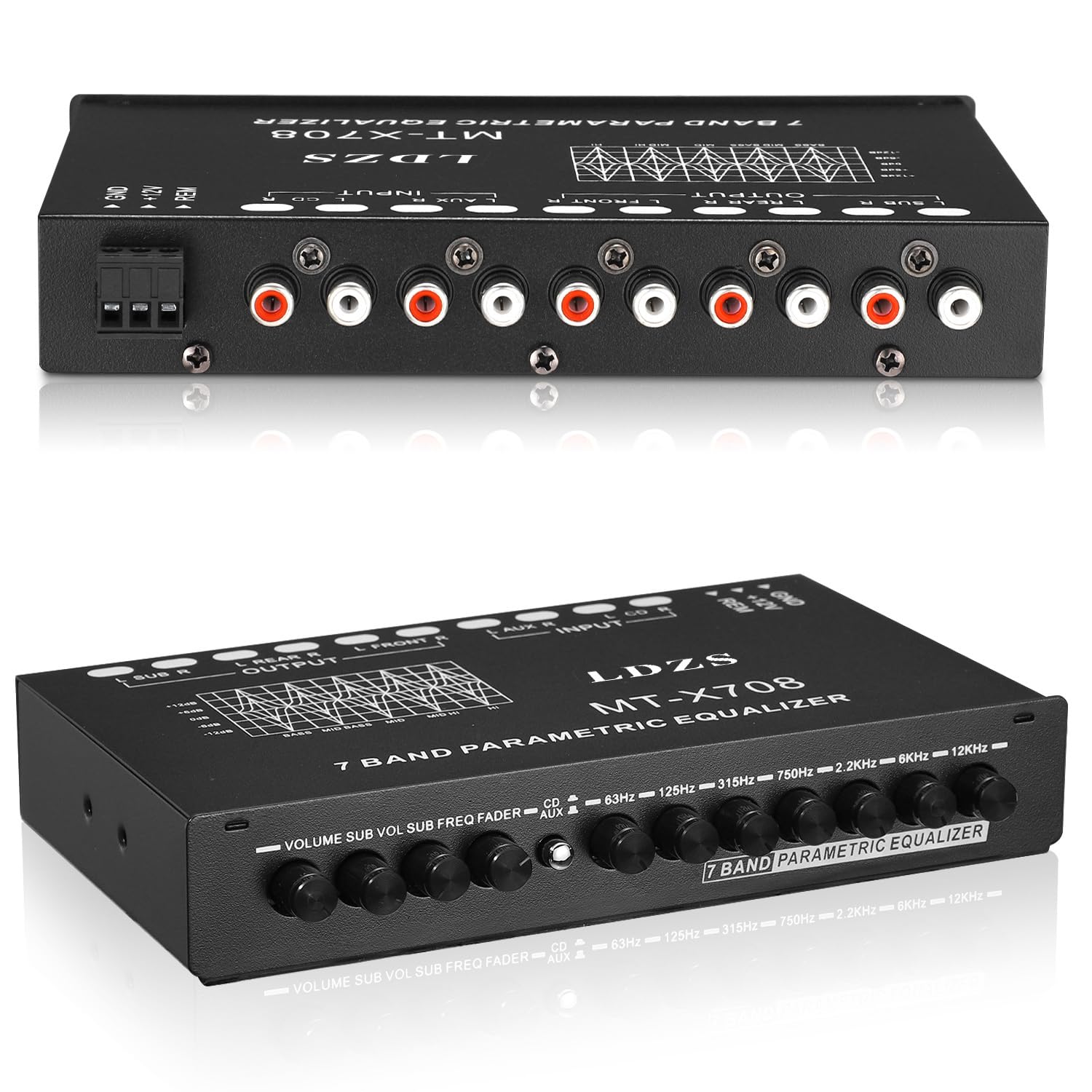 Facmogu 7 Band Car Audio Equalizer, Adjustable 7 Bands Eq Car Amplifier Graphic Equalizer With Cd/Aux Input Select Switch, Front/Rear + Sub Output, For Boat Rv Rtv Motorcycle Car Stereo Tone Control