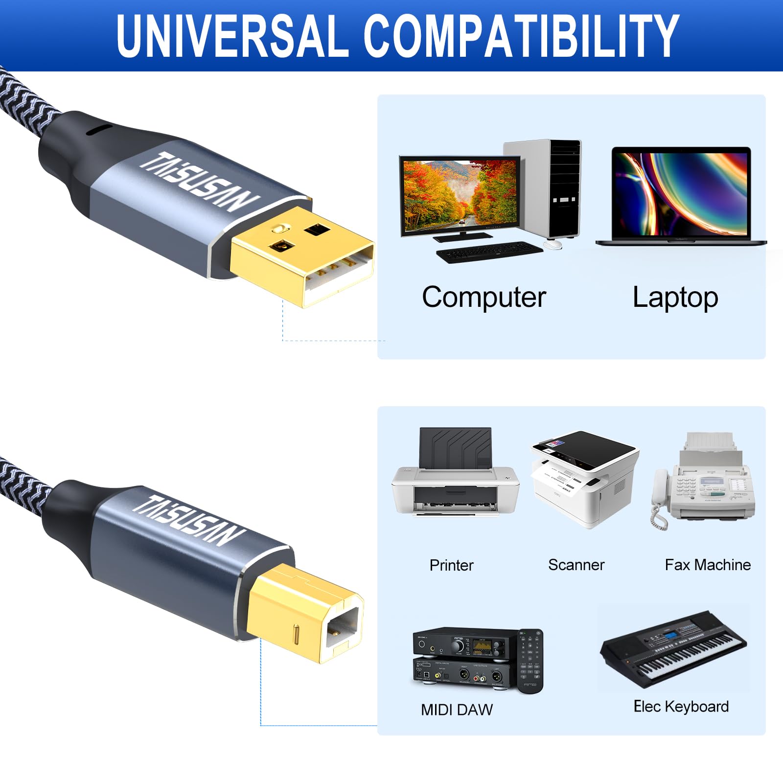 Taisusan Usb Printer Cable 30Ft, Type A To Type B Printer Cable, High ...
