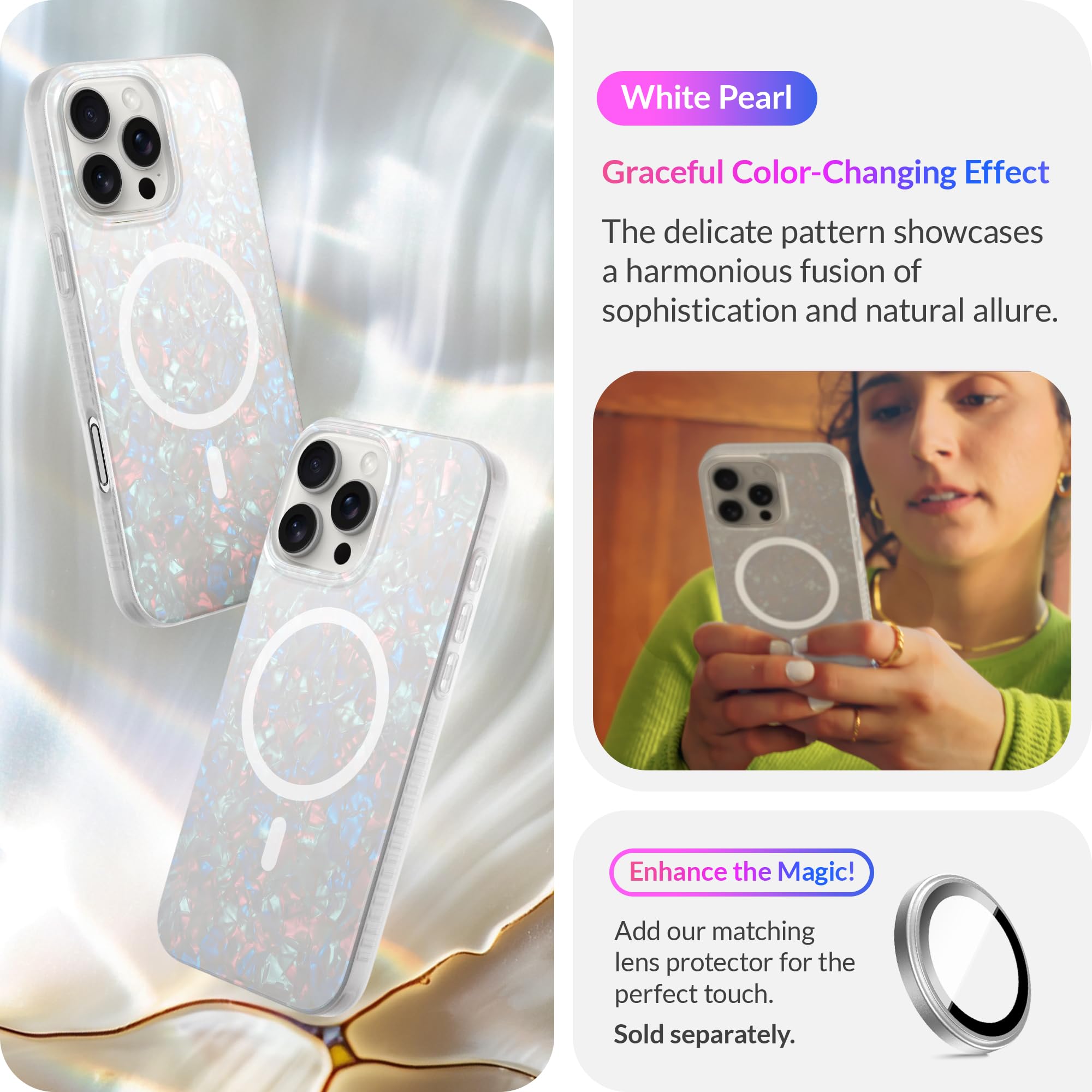 Lonli Hue   Iphone 16 Pro Max Magnetic Case [Compatible With Magsafe]   White Pearl Tort Phone Case   [360 Shock Absorbent Bumpe
