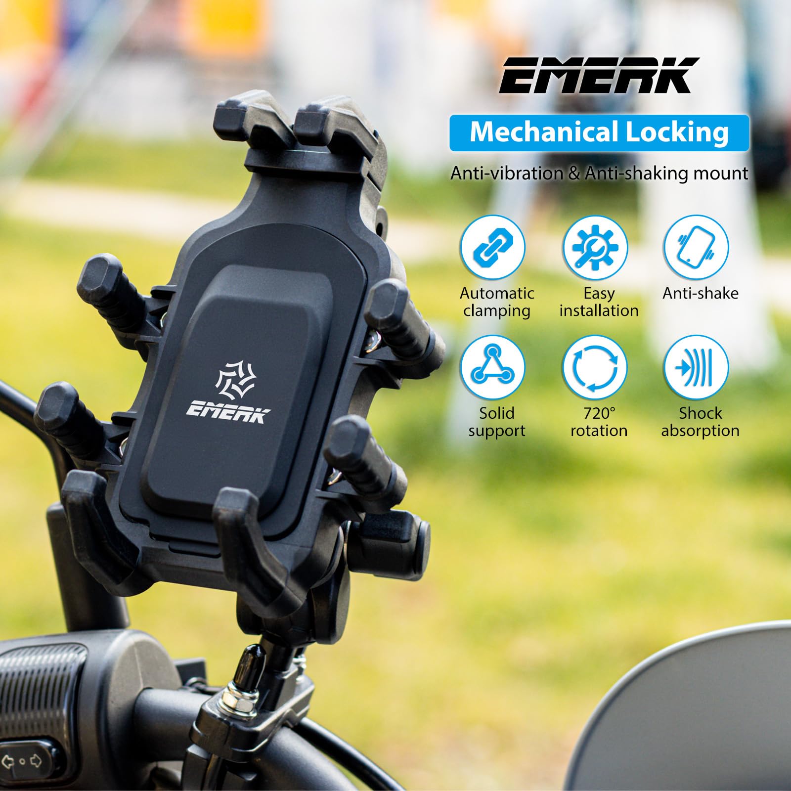 Emerk Motorcycle Phone Mount Holder - [Dual Vibration Dampener] [Anti-Shake Anti-Theft] Bike Phone Holder, Adjustable Handlebar