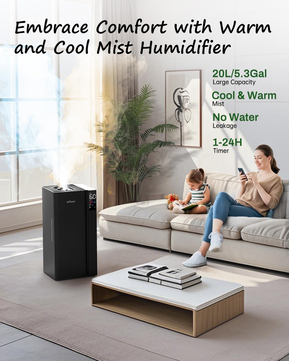 Mifasol Cool Mist And Warm Humidifier Large Room, 5.3Gal/20L Whole House Humidifiers For Home, Quickly & Evenly Humidify Larger