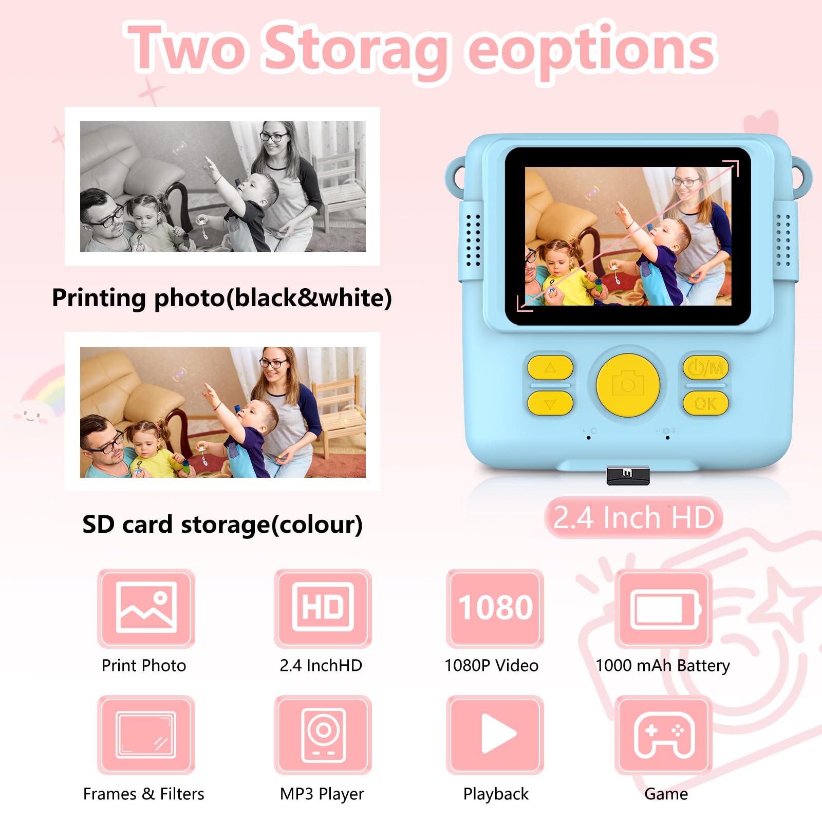 Radekly Instant Print Camera For Kids,Christmas Birthday Gifts For Age 3 12 Girls Boys,1080P Hd Digital Video Cameras For Toddle