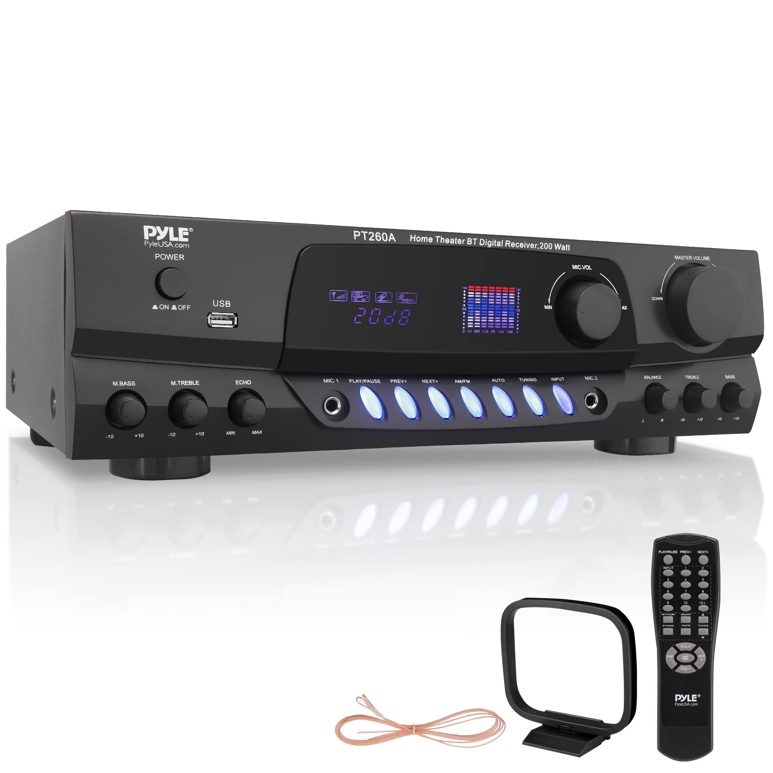 Pyle 200W Home Audio Power Amplifier   Stereo Receiver W/ Am Fm Tuner, 2 Microphone Input W/ Echo For Karaoke, Great Addition To