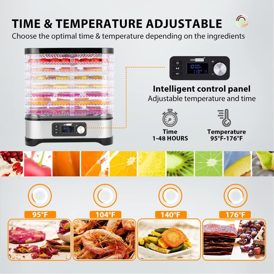 Vivohome Electric 400W 8 Trays Food Dehydrator Machine With 48H Timer And Temperature Control 95 176?, Bpa Free, Fine Meshed Plastic Sheet And Silicone Trivet Tong Included