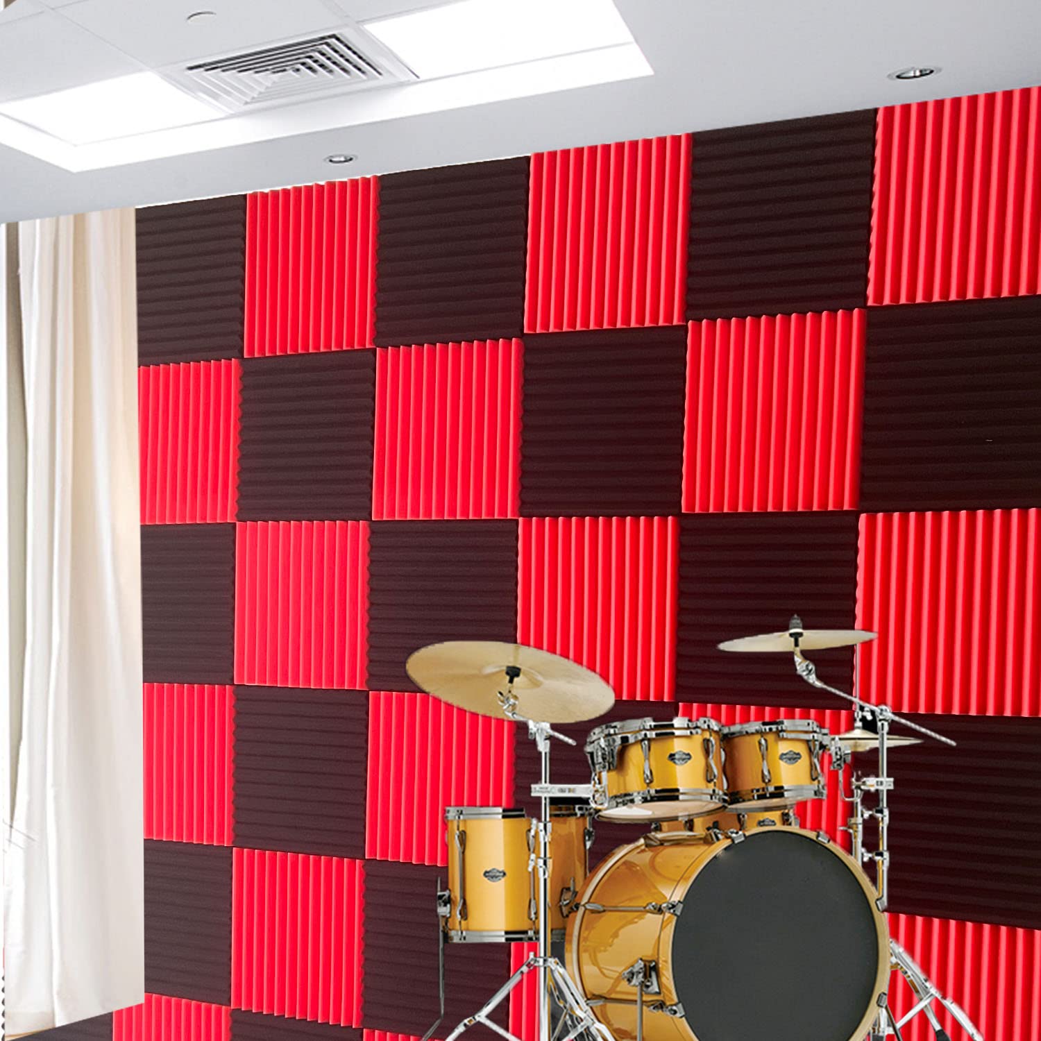 52 Pack Black Red 1'' X 12'' X 12'' Acoustic Wedge Studio Foam Sound Absorption Wall Panels