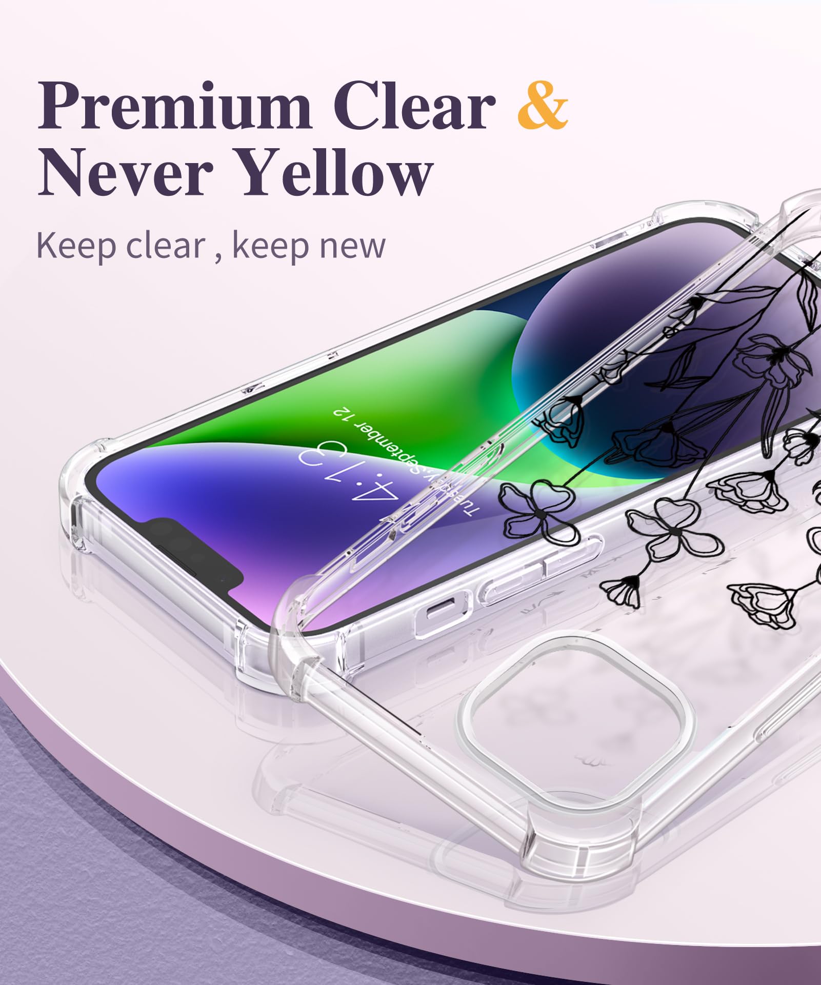 Gviewin For Iphone 14 Case Floral, With Screen Protector + Camera Lens Protector,[Non Yellowing] Soft Shockproof Clear Phone Pro