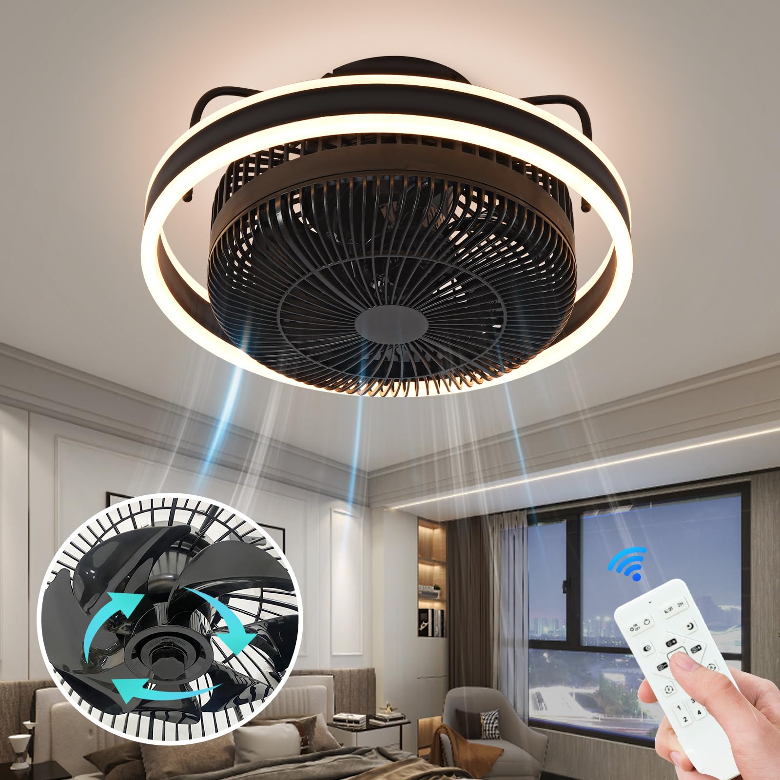 AHAWILL Ceiling Fans with Lights,360 Rotating Oscillating Ceiling Fan,Modern Led Dimmable Mute Ceiling Fans with Remote Control 