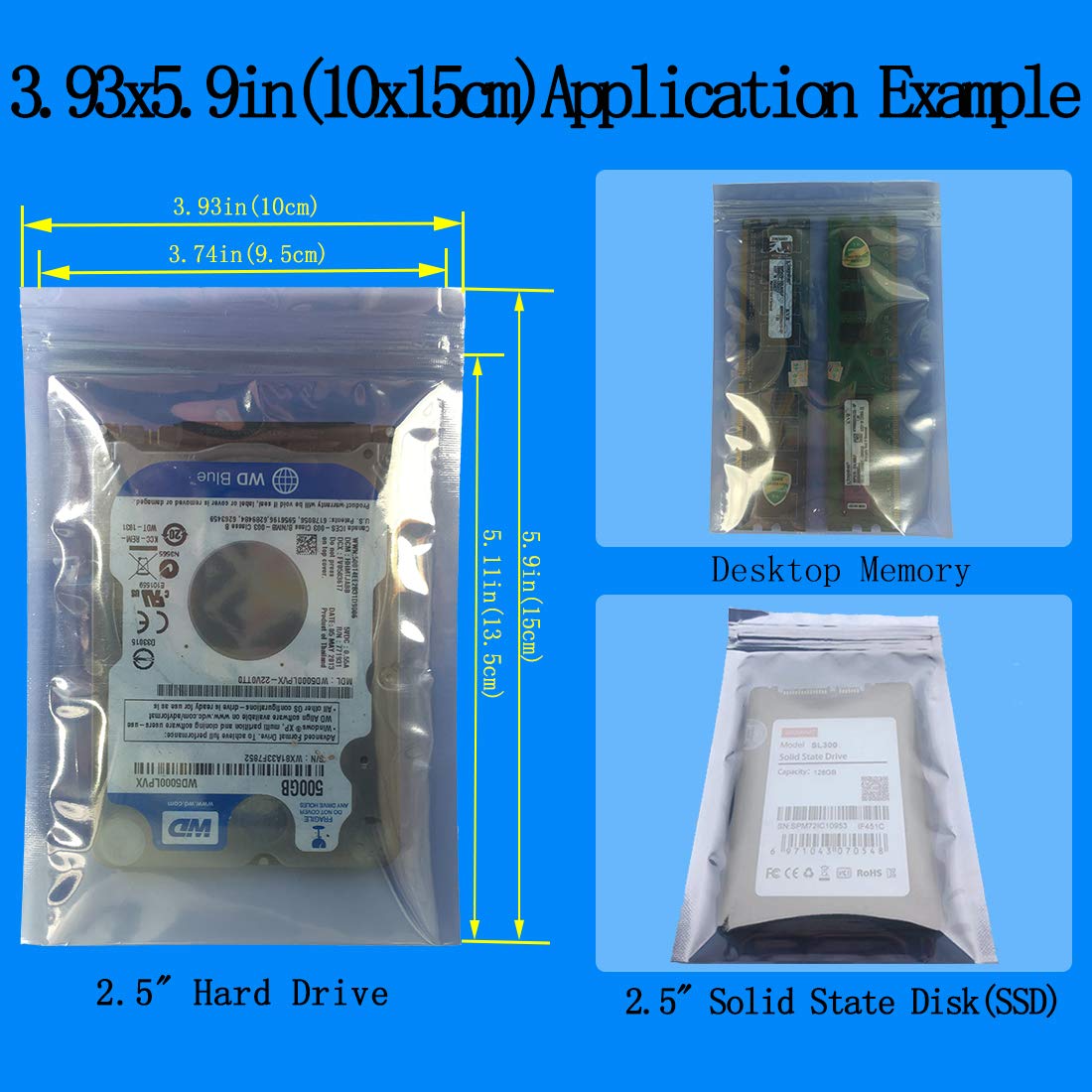 Daarcin Anti Static Bags,Esd Bags,100Pcs Mixed Sizes Antistatic Resealable Bags For 3.5 Hard Drive, 2.5 Solid State Drive With L