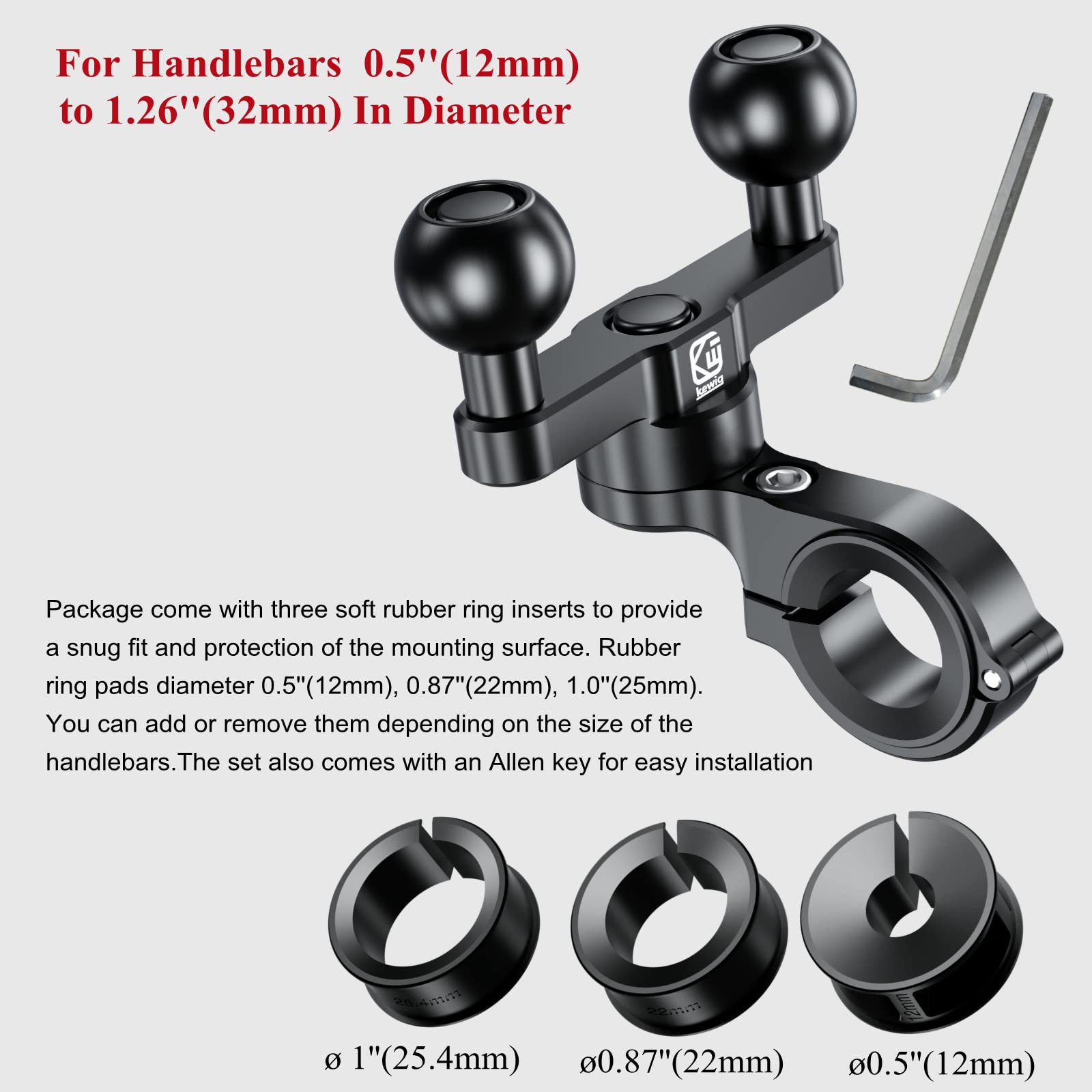 Brcovan Aluminum Alloy Handlebar Clamp Mount Base With Double 1'' Tpu Ball For Round Rails Diameter 0.5'' 0.87'' 1.0'' 1.26'' Compatible With Ram Mounts B Size 1 Inch Ball Double Socket Arm