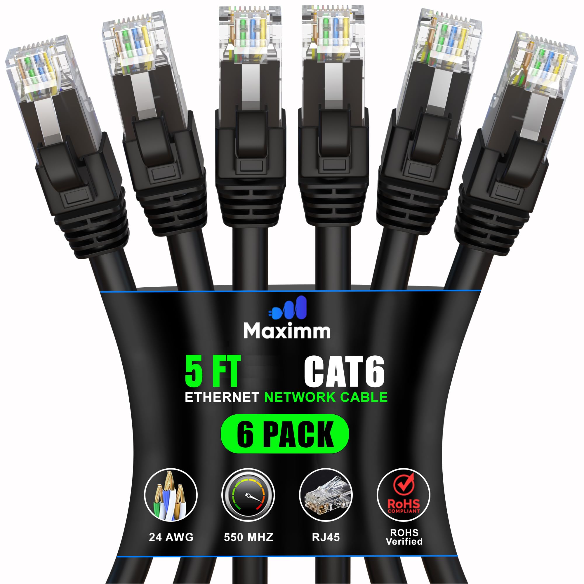 Maximm Cat 6 Ethernet Cable 5 Ft (6 Pack)   High Speed Lan Cable, Internet Cable, Patch Cable, And Network Cable   Utp, 10Gbps, 550Mhz Ethernet Cord   Black