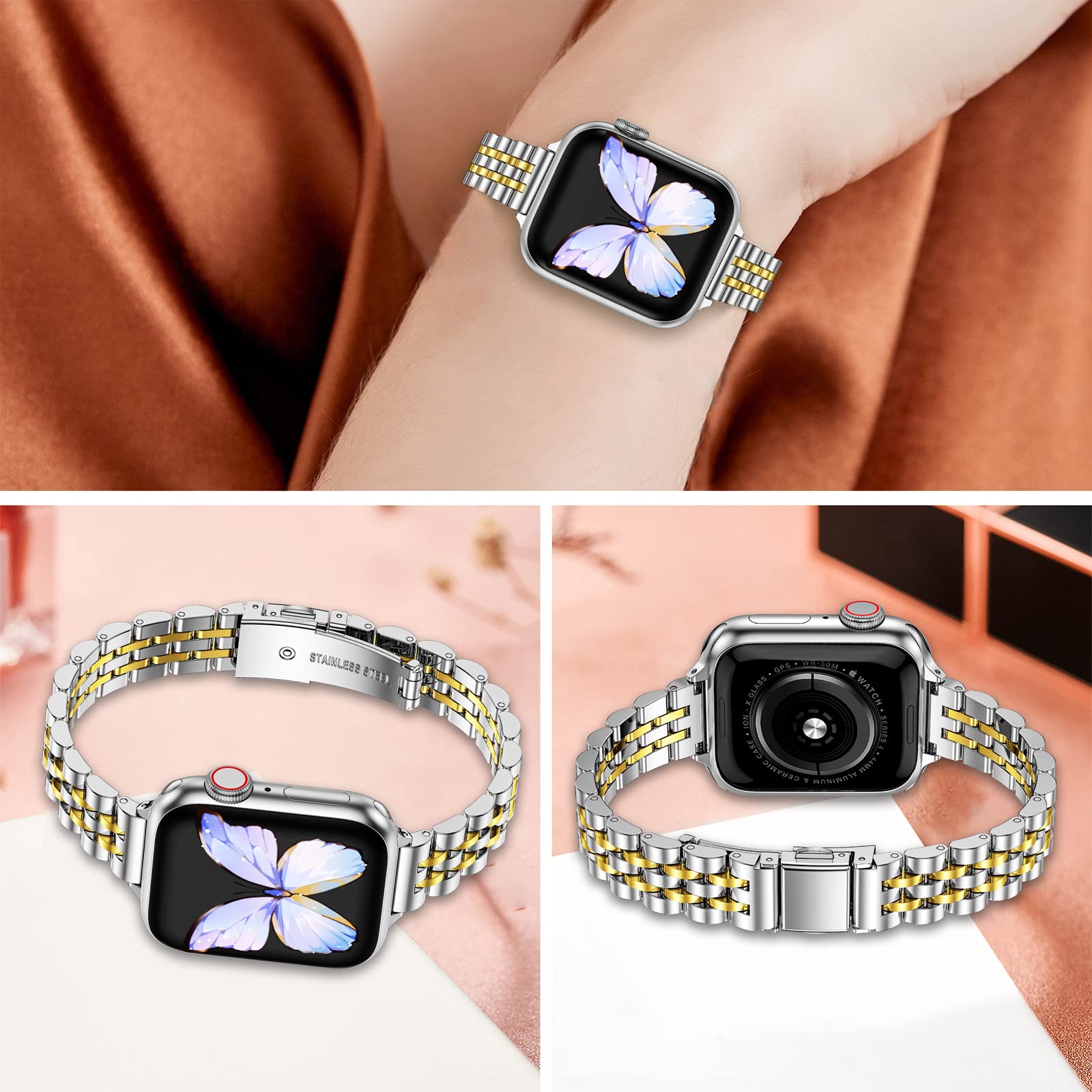 Miohhr Slim Band Compatible With Apple Watch Band 38Mm 40Mm 41Mm,Thin Stainless Steel Metal Chain Strap For Women Iwatch Bands S