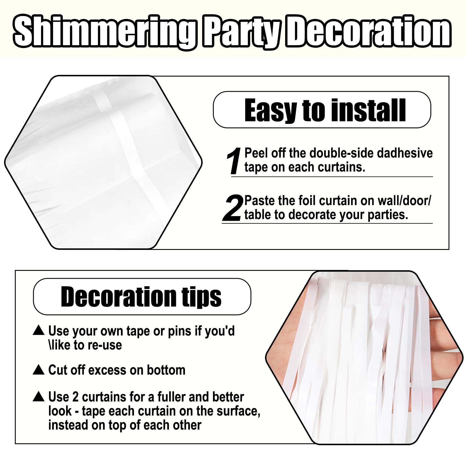 3 Pack White Foil Fringe Curtain Backdrop, 3.28Ft X 8.2Ft Metallic Tinsel Foil Fringe Streamer Curtains For Photo Booth, Valenti