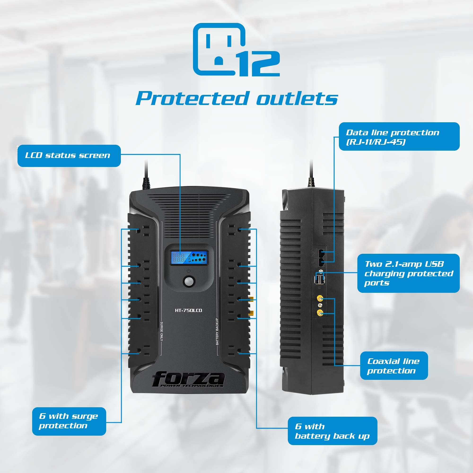 Forza Ups 750Va/450W Line Interactive Uninterrupted Battery Backup Supply, 12 Outlets, Avr, Lcd Screen, Usb, Coaxial, 3 Year War