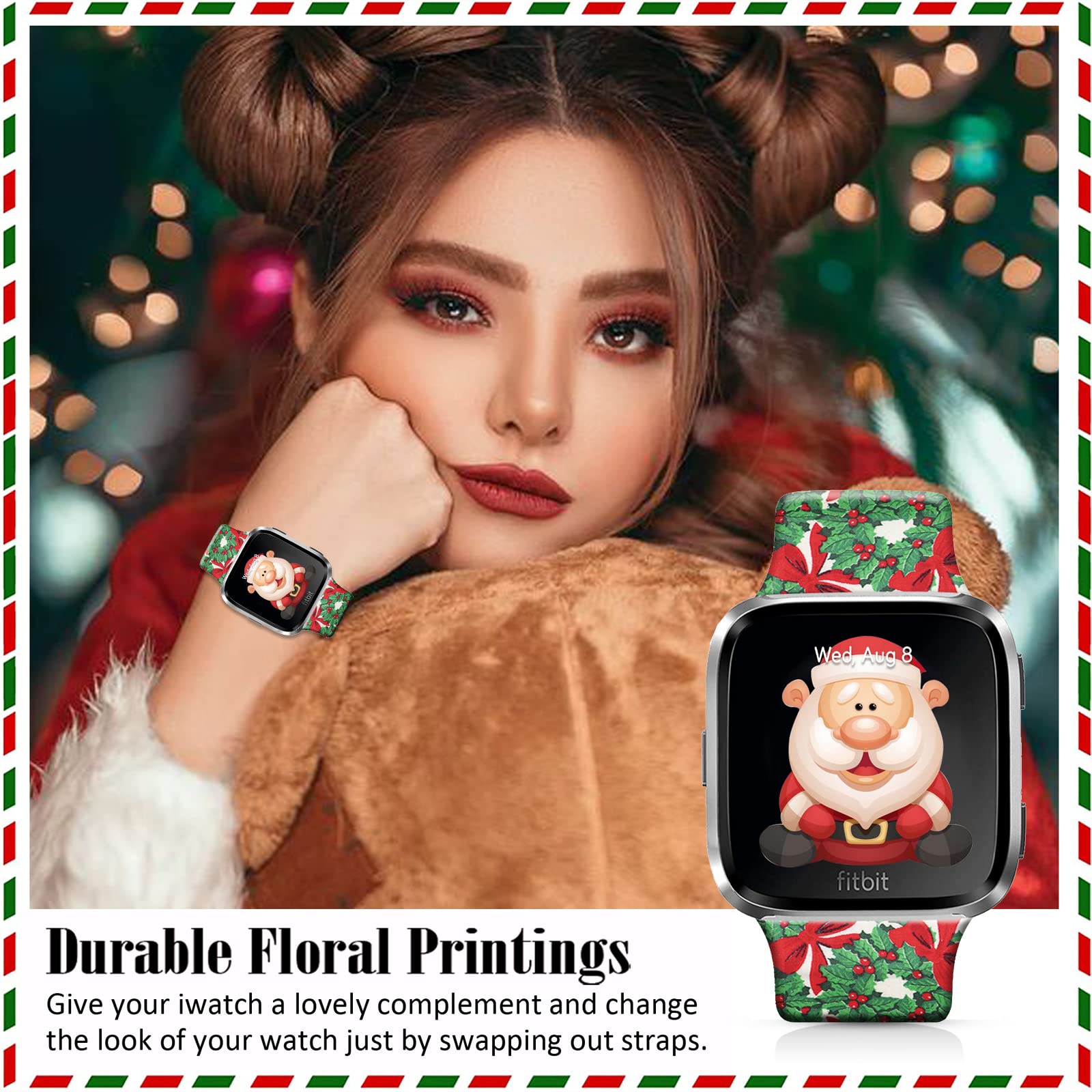 Ftfcase Christmas Silicone Sport Bands Compatible With Fitbit Versa/Versa 2, Decorative Wreath Printed Soft Silicone Strap Repla