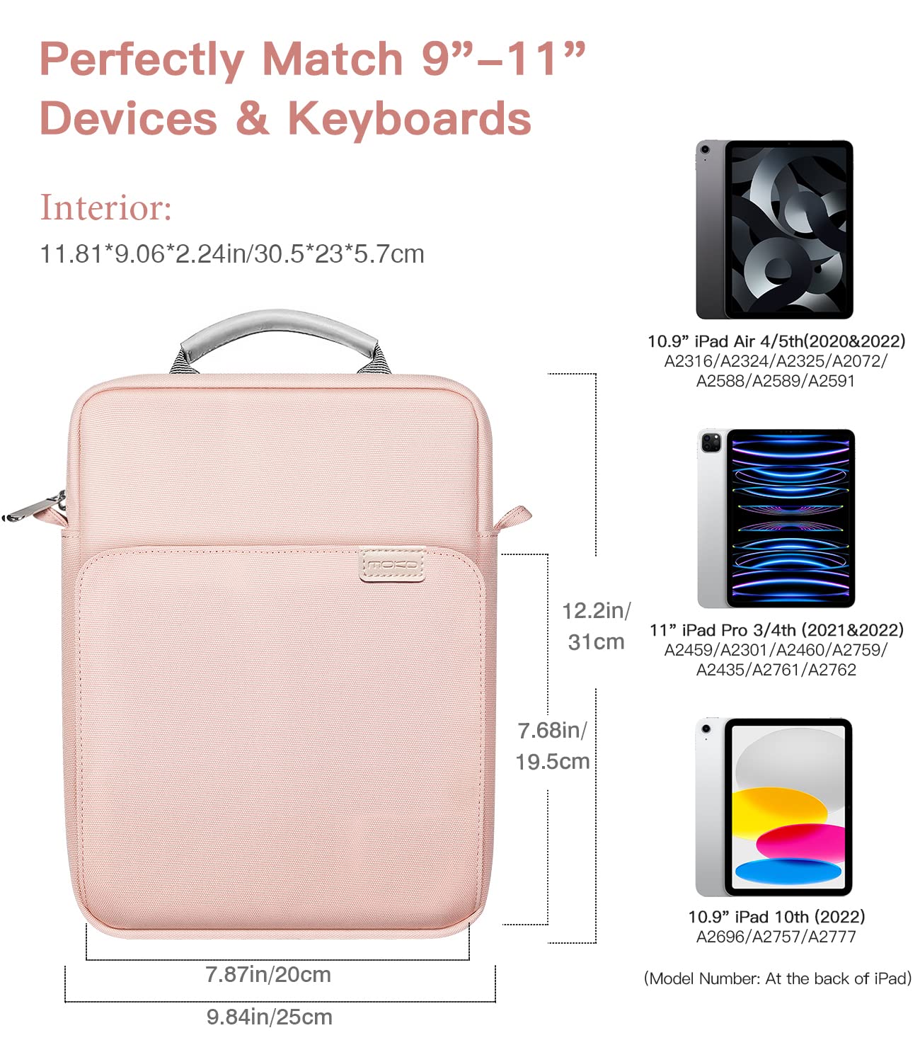 MoKo 9 11 Inch Tablet Sleeve Bag Handle Carrying Case with Shoulder Strap Fits New 11 inch iPad Pro M4/iPad Air M2, iPad 10th 10.9, iPad 9/8/7th 10.2, iPad Air 5/4th 10.9, Tab S8/S9 11, Pink