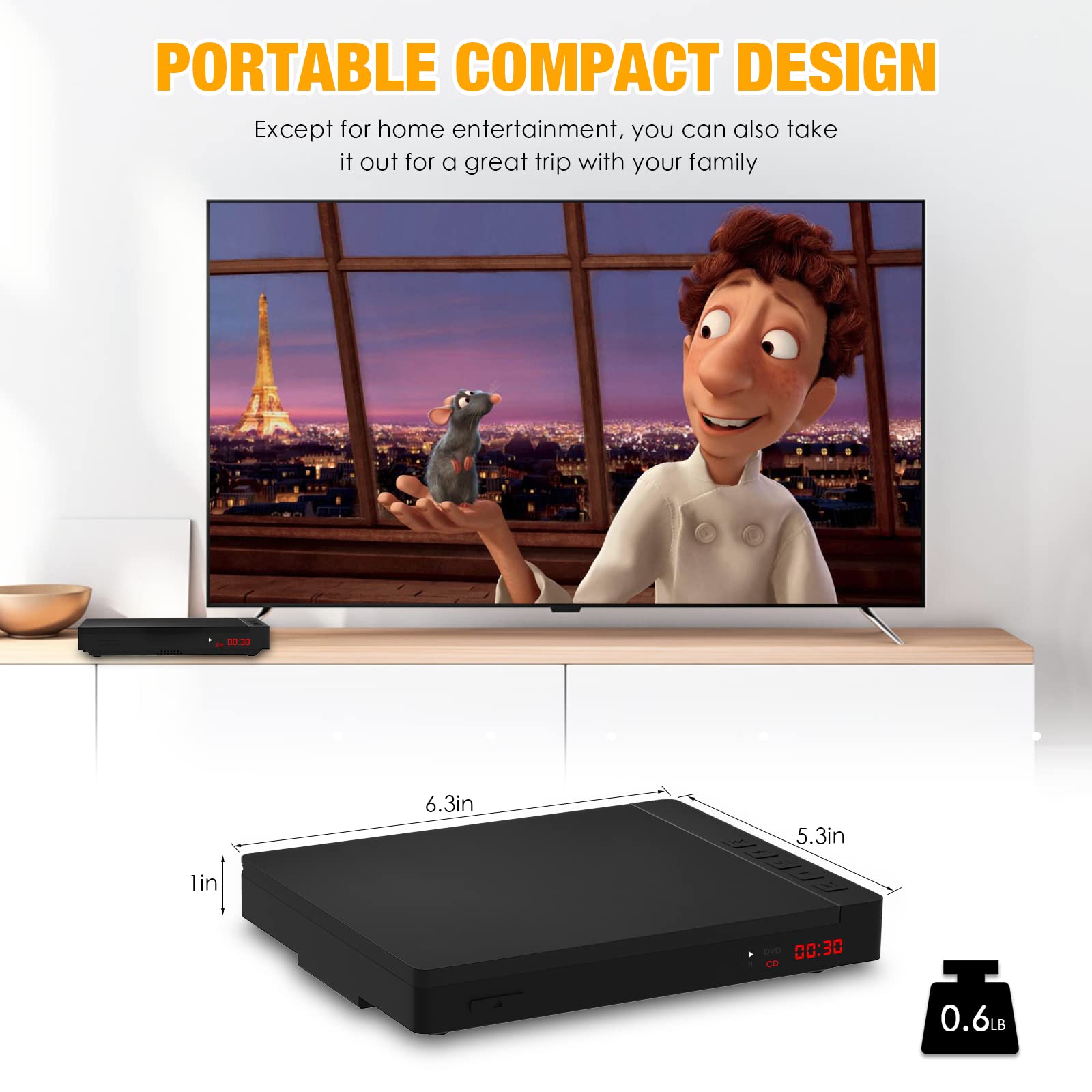 C Eihoit Super Mini Dvd Player For Tv With Hdmi And Av Output Portable Dvd Cd Player With Built In Speaker 1080P Upscaling Inclu