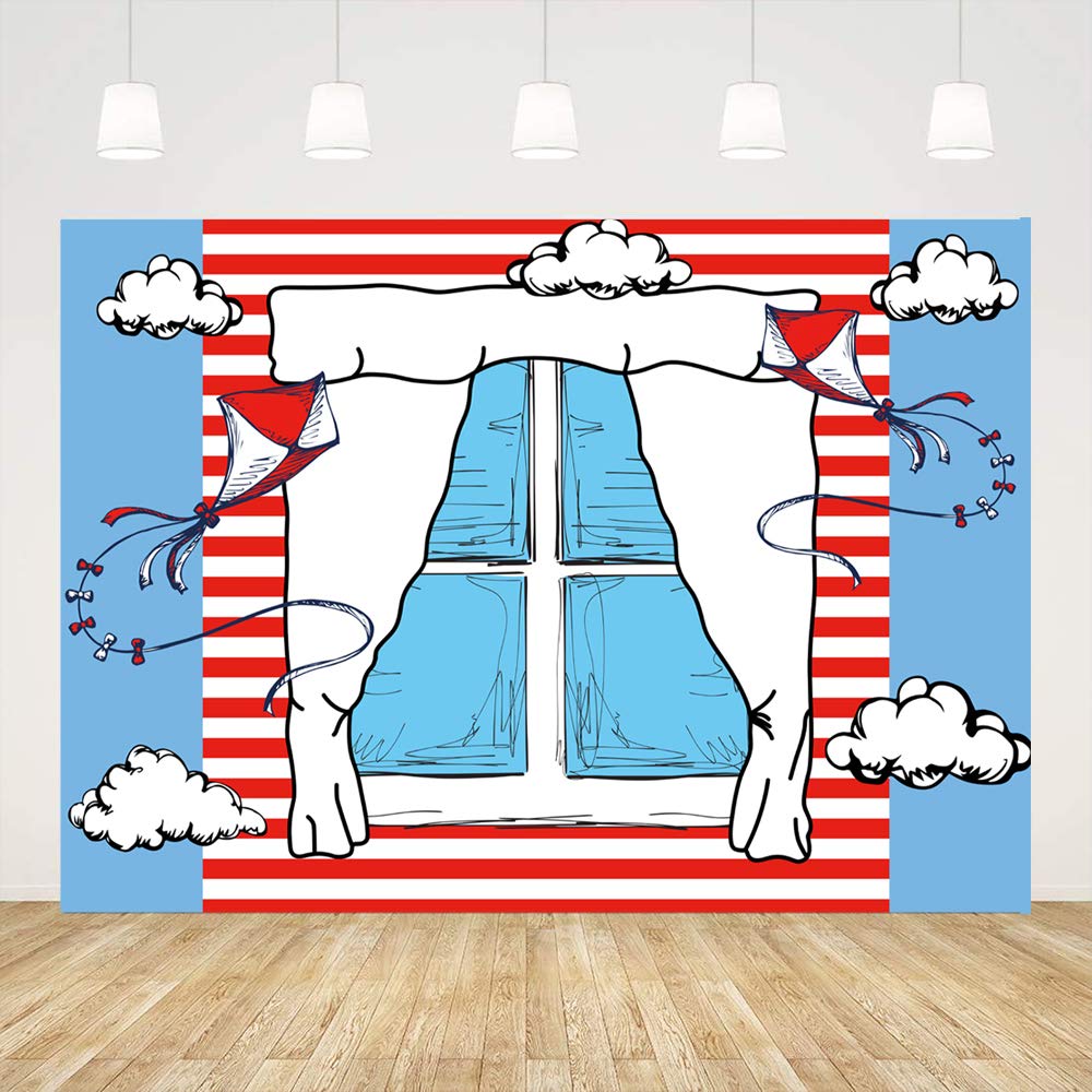 Cartoon Window Backdrops For Photography Kids Birthday Party Background 5X3Ft Blue Red Kite Striped Kids Party Backdrop Boys Gir