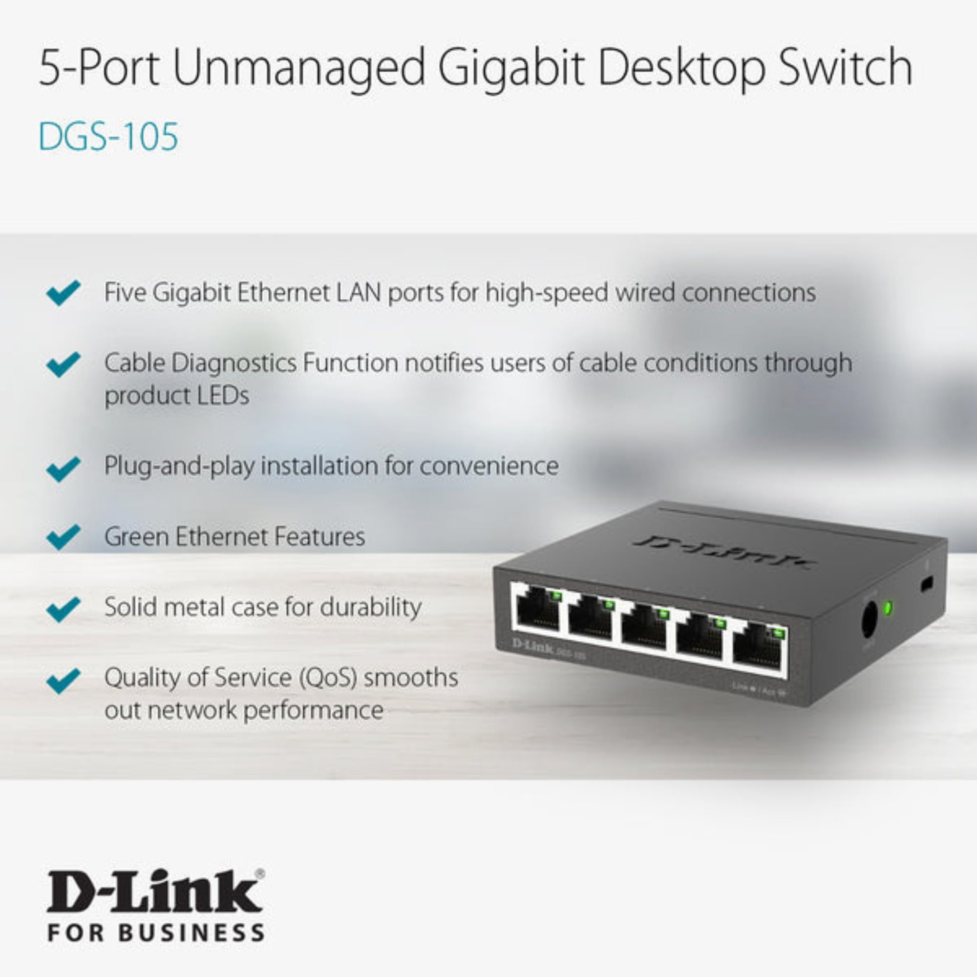 D Link Ethernet Switch, 5 Port Gigabit Unmanaged Metal Desktop Plug And Play Compact (Dgs 105),Black