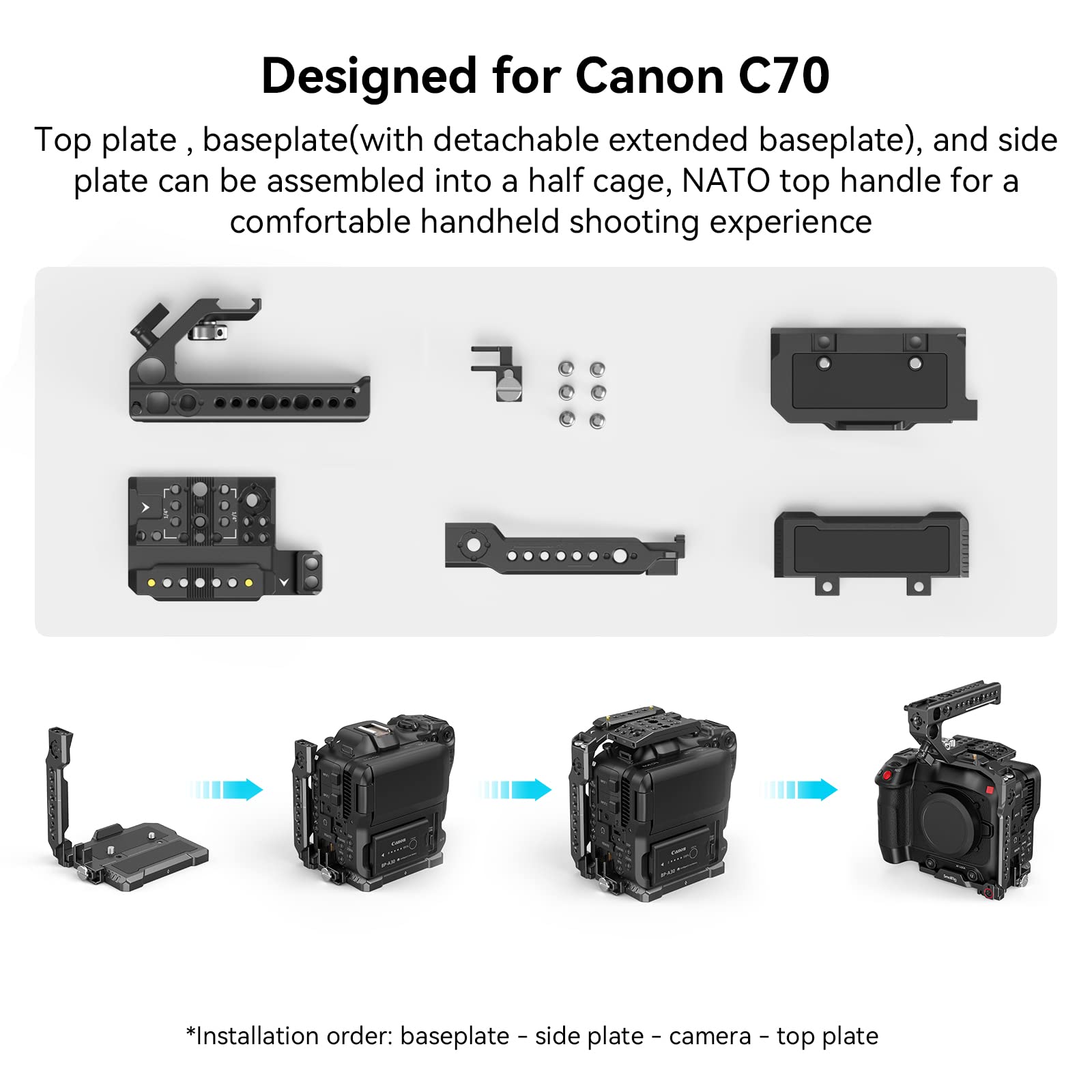 Smallrig Camera Cage Handheld Kit For Eos C70 For Canon With Nato Top Handle, Cable Clamp For Hdmi, Top Plate, Side Plate, Basep