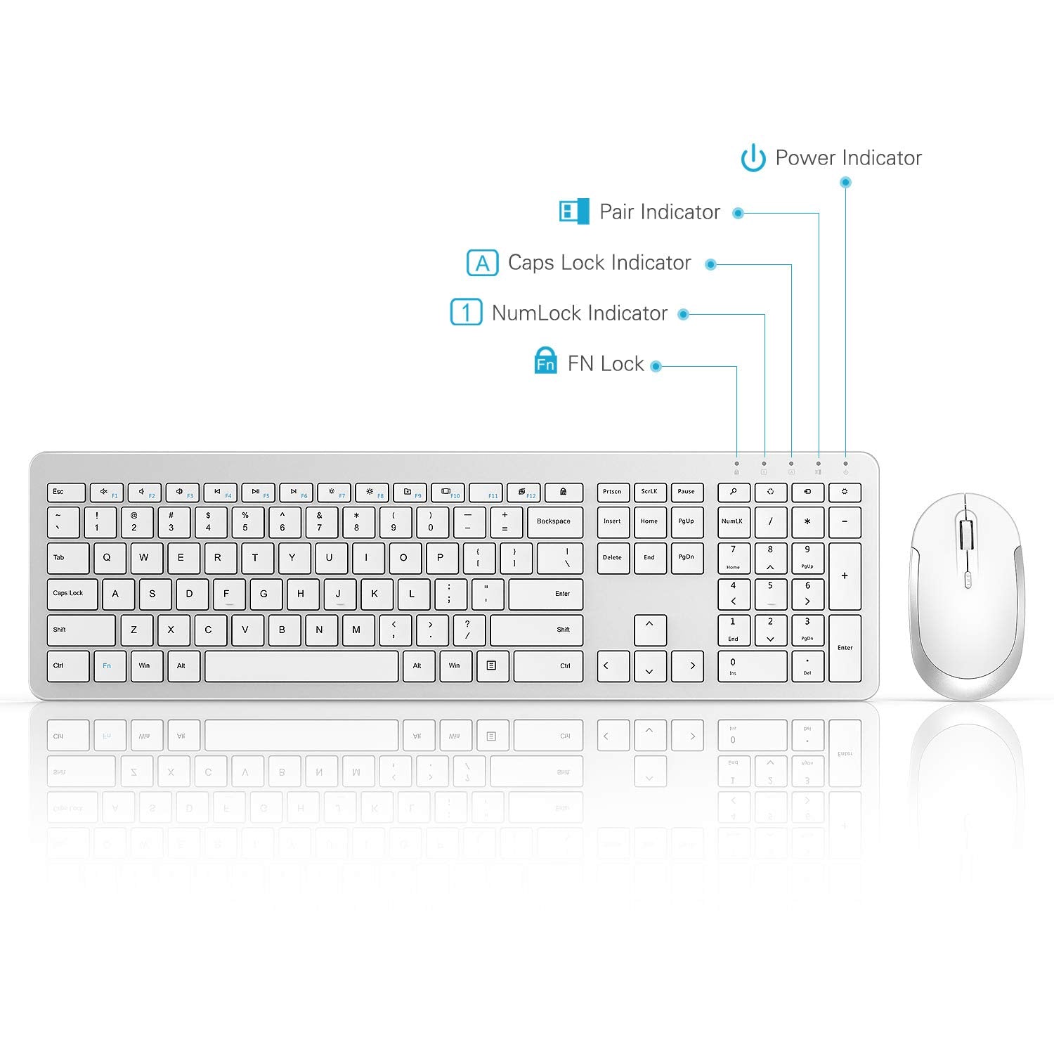 Wireless Keyboard And Mouse Combo   Full Size Slim Thin Wireless Keyboard Mouse With Numeric Keypad 2.4G Stable Connection Adjustable Dpi (White & Silver)