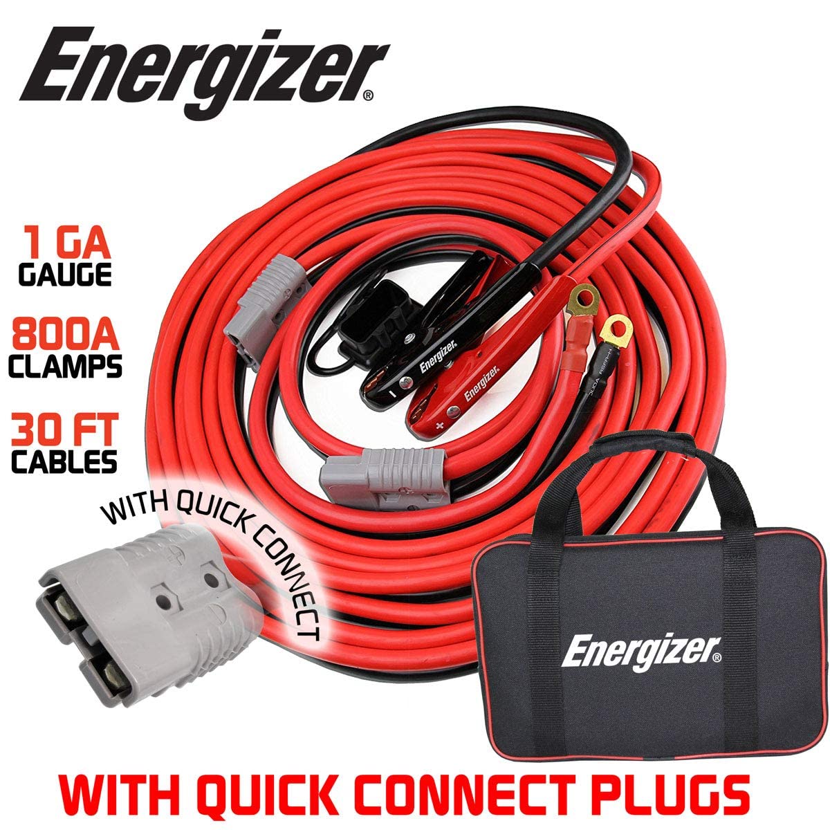 Energizer Jumper Cables, 30 Feet, 1 Gauge, 800A, Booster Battery Cables With Permanent Installation Kit And Quick Connect Plug F