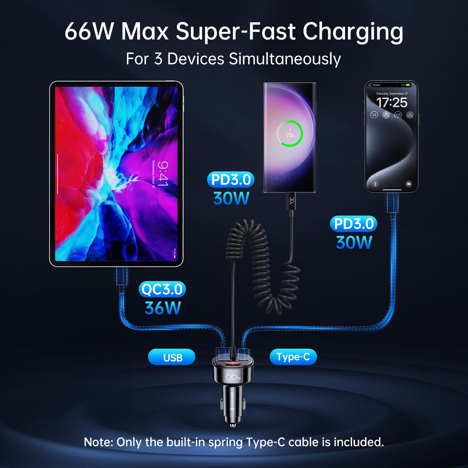 Syncwire Usb C Car Charger With [Battery Leakage Prevention] 66W Super Fast Car Adapter With Pd & Qc 3.0 Built In 6Ft Type C Coi