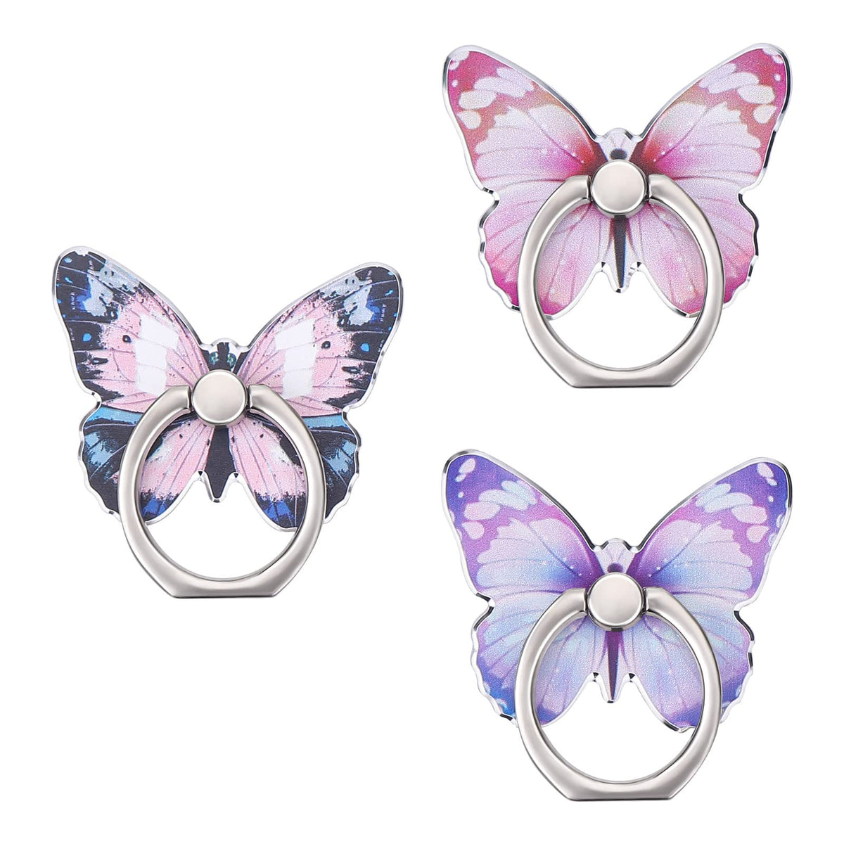 Cobee 3 Pcs Butterfly Cell Phone Ring Stand Holder, Cute Butterfly Pattern Painted Metal Finger Stand Kickstand 360   Rotation P