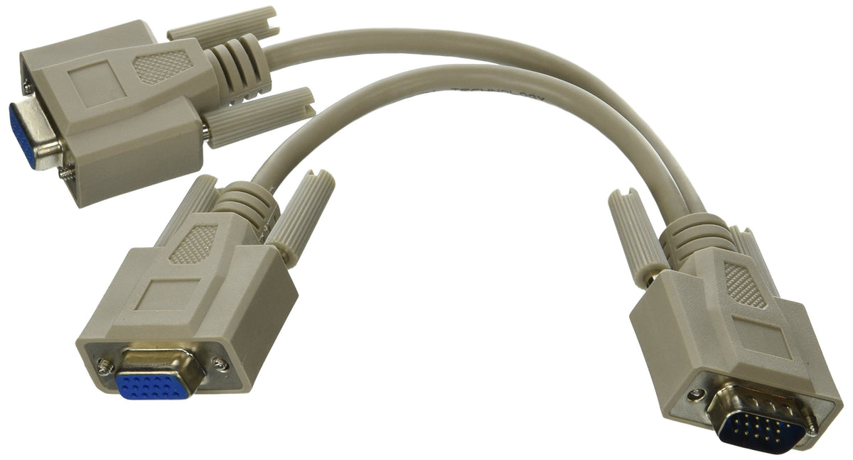 CableWholesale VGA Y Splitter Cable, One HD15 VGA to Two HD15 VGA Female Connectors on Monitor Y Cable, 28 AWG Single Shielded VGA Splitter Cord, Beige, 8 Inch