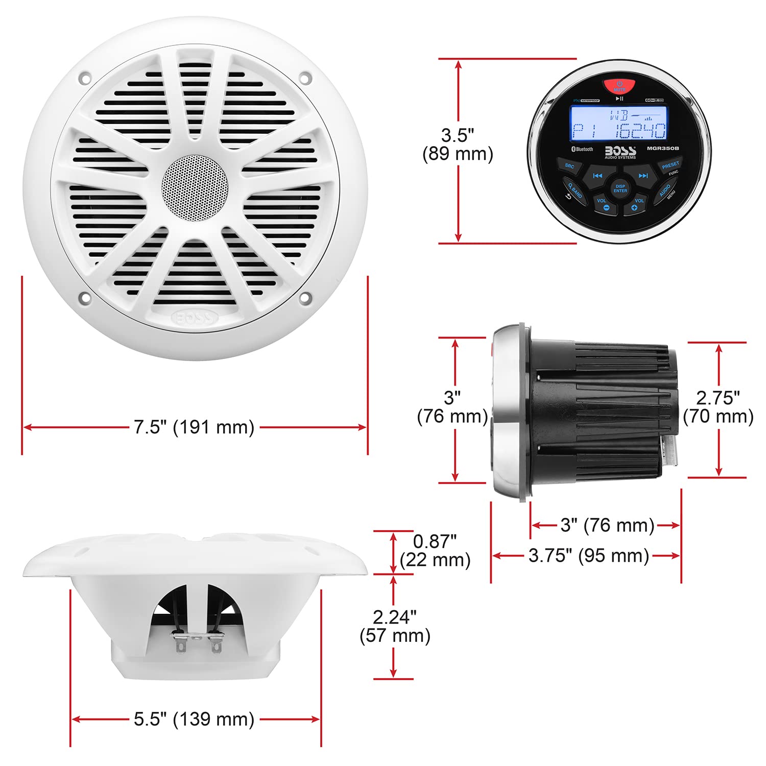 Boss Audio Systems Mckgb350W.6 Weatherproof Marine Gauge Receiver And Speaker Package   Ipx6 Receiver, 6.5 Inch Speakers, Blueto