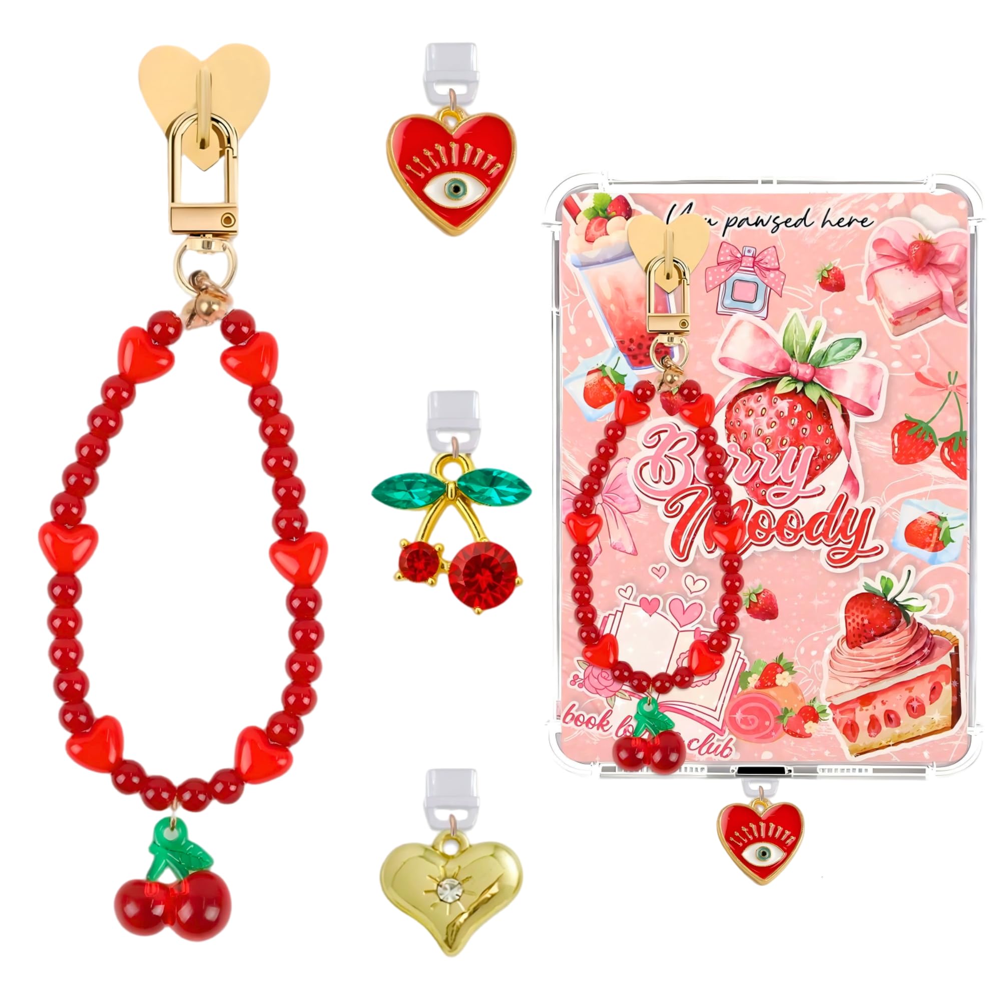 TAKEALOOKO Dust Plug Charm Chains for Kindle - 4Pcs Red Evil Eye Cherry Phone Charms Bracelets with Type-C Dust Plug Kit for kin