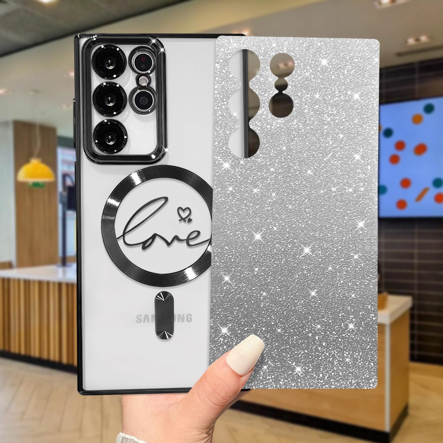 Zonrw For Samsung Galaxy S22 Ultra Case Magnetic,For Women Girl Soft Cute Luxury Love Heart Plating Bling Gradient Glitter Phone