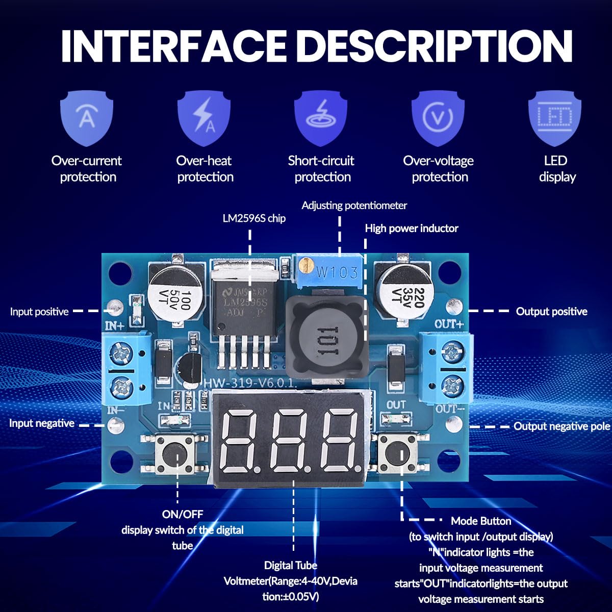 Seloky Lm2596 Adjustable Dc Dc Step Down Buck Converter Module With Led Voltmeter Display, Voltage Regulator 4.0 40V Input To 1.
