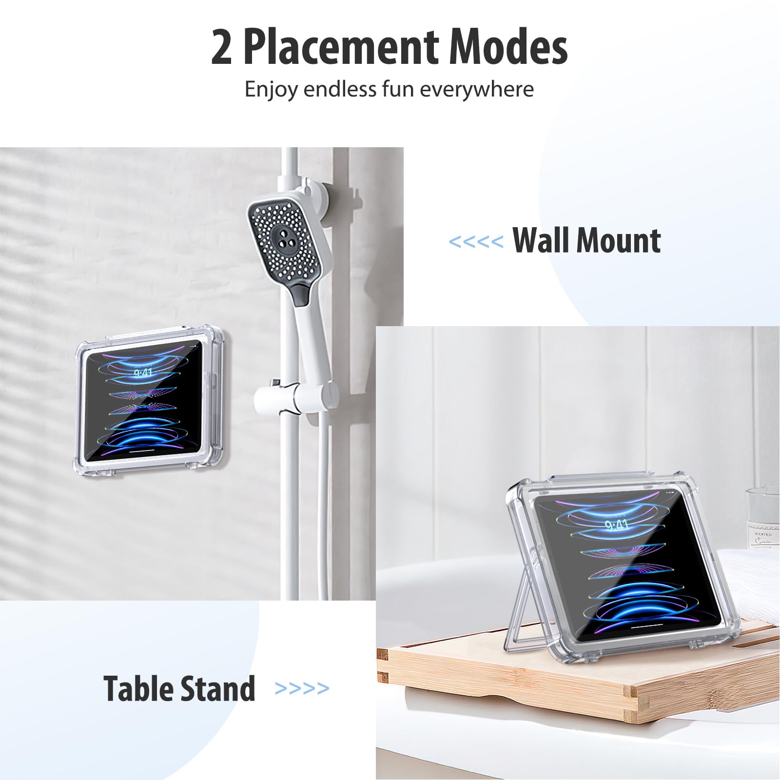 MoKo Shower Tablet Holder, Waterproof Shower iPad Holder Wall Mount Up to 11', 360�Rotation Bathroom Tablet Holder with Touchable Anti fog Screen, 2 Placement Modes, Fit for iPad 10/Pro 11 2022, Clear