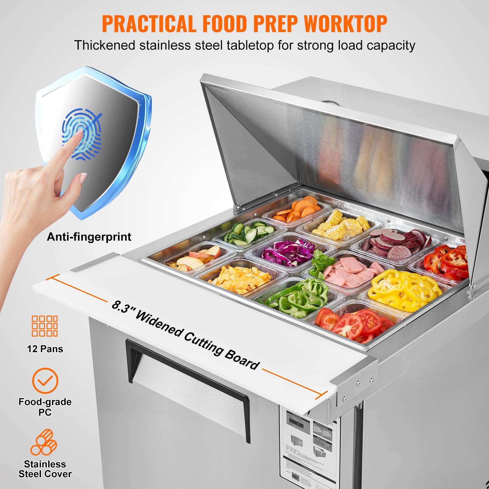 Vevor 28'' Commercial Refrigerator, 12 Pans Sandwich & Salad Prep Table, 7.4 Cu. Ft Stainless Steel Refrigerated Food Prep Stati