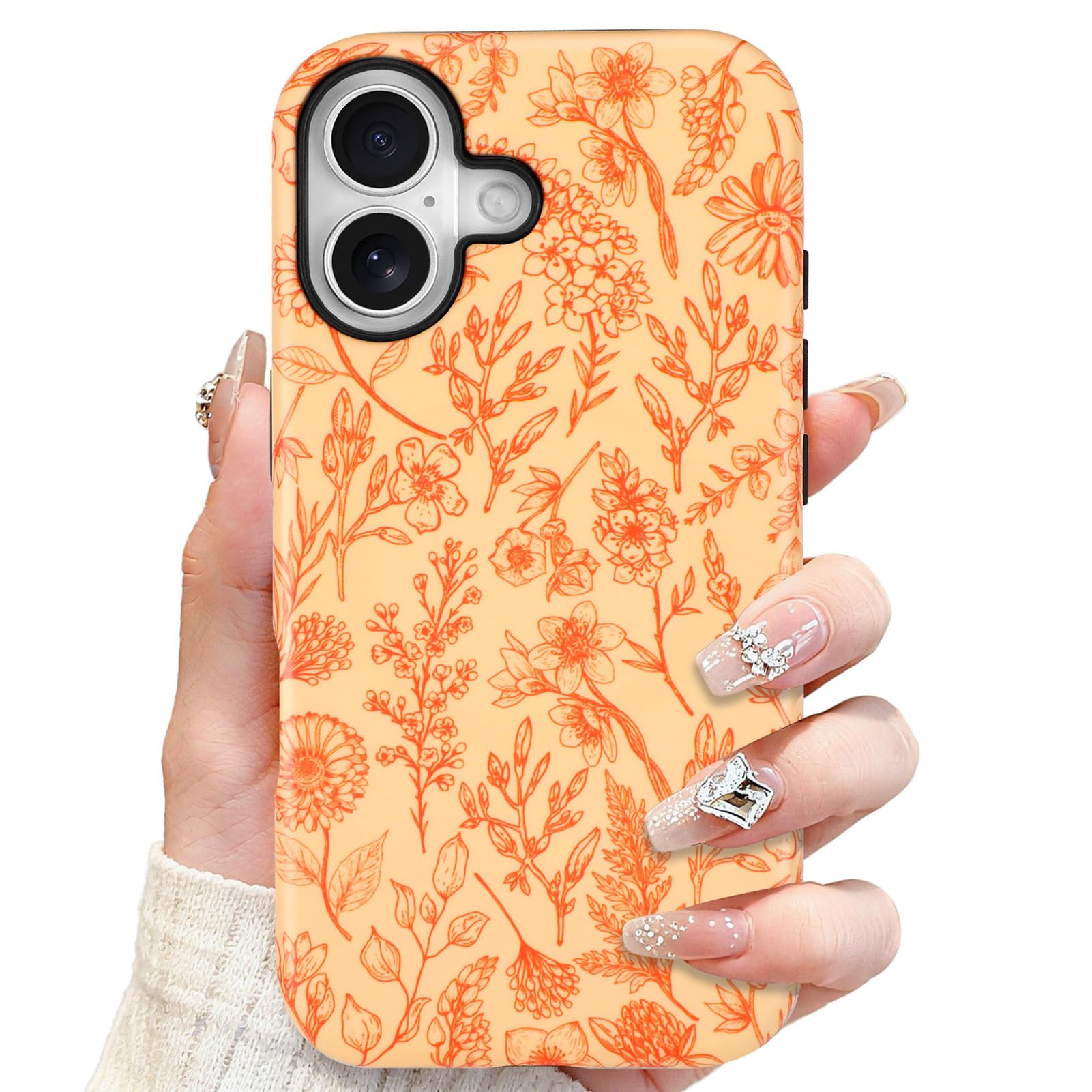SOKAD Magnetic Sage Floral Phone Case for iPhone 16, Vintage Orange Flower Pattern Compatible with Magsafe Matte Protective Case