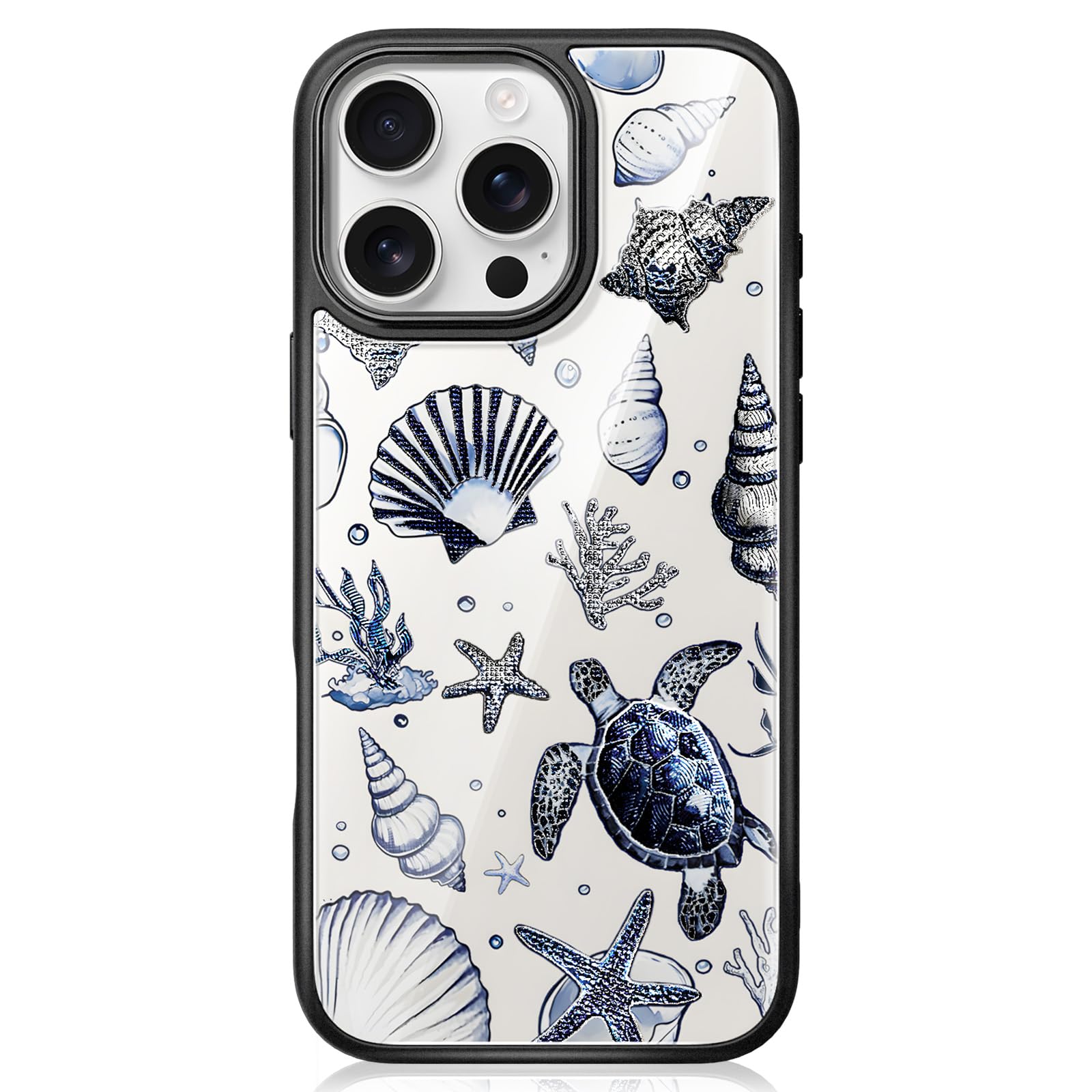 Fewgey Crystal Glass Phone Case For Iphone 16 Compatible With Magsafe, Summer Sea Ocean Beach Turtle Shell Conch Starfish Design