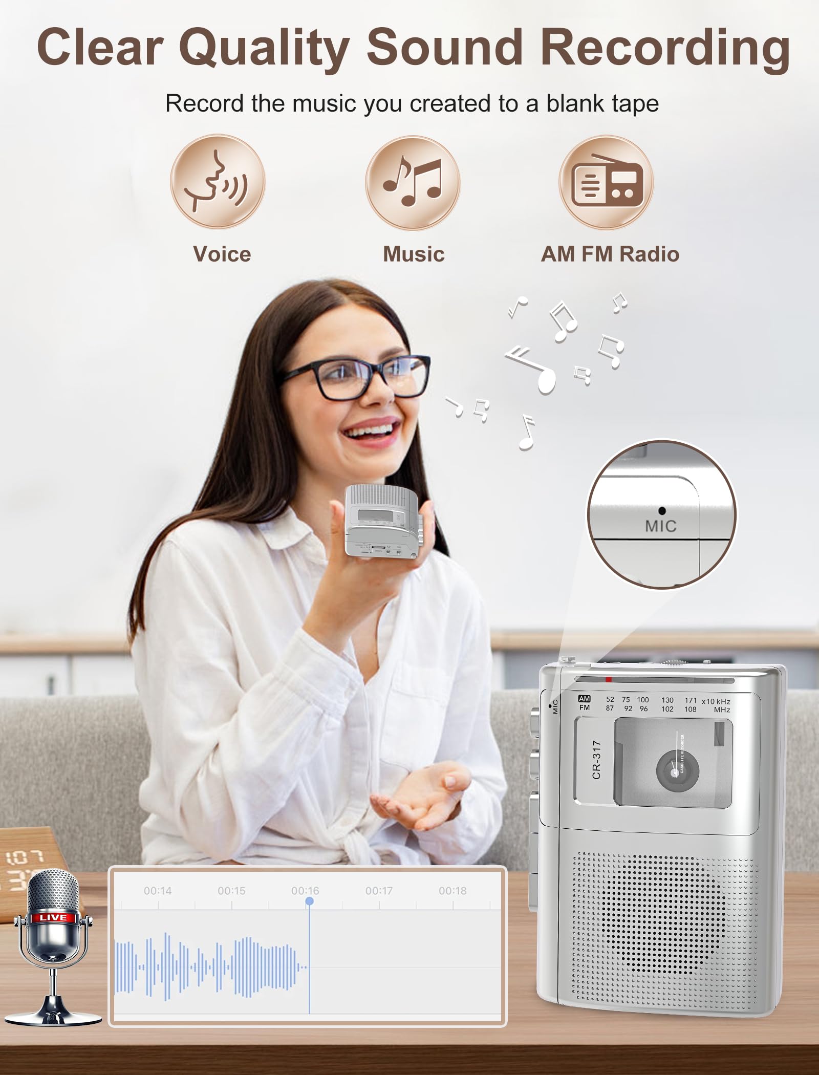 Cassette Player Recorder With Bluetooth Transmitter Walkman, Portable Am Fm Cassette Player With Big Speaker, Stereo Earphone Ja