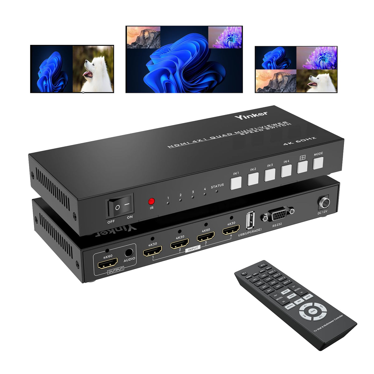 4K Hdmi Quad Multi Viewer 4X1, Yinker 4 In 1 Out Hdmi Quad Switcher 1 To 4 Screen Multiviewer For 4K@60Hz, Supports Audio Extractor & Screen Rotation & 8 Display Modes Pip Pbp & Ir Remote & Rs232