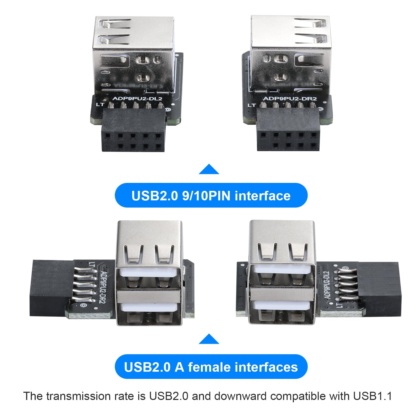 Mzhou Dual 2 Port Usb Motherboard Dual Usb 2.0 9Pin Female Adapter Converter Dual Layer Type For Pc(Left/Right Type)