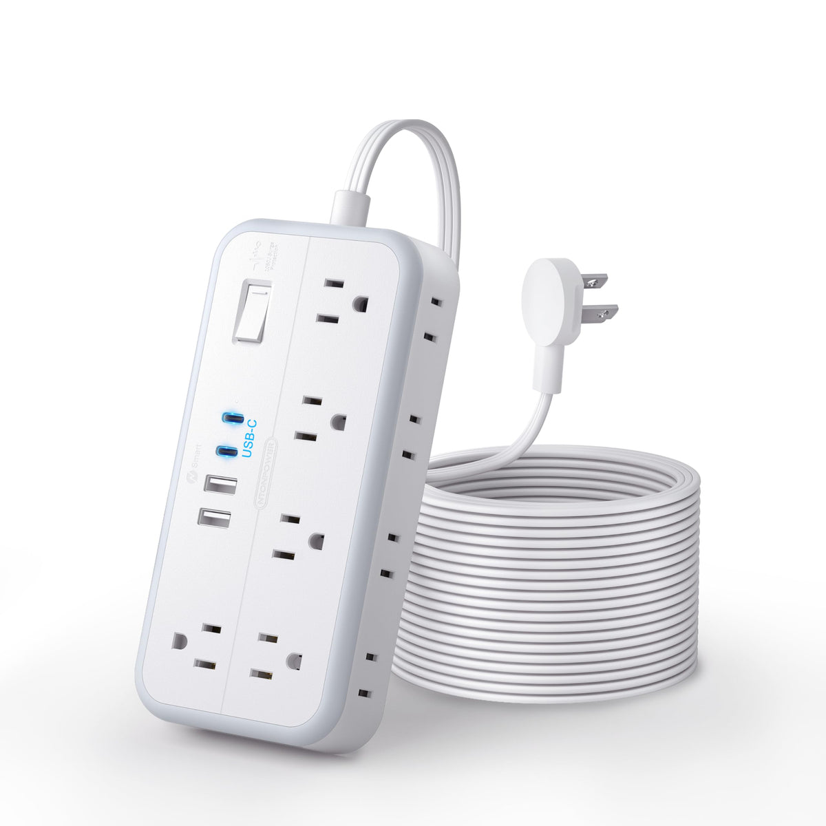 Flat Extension Cord 25 Ft, Ntonpower Surge Protector Power Strip, 10 Widely Outlets With 4 Usb Ports (2 Usb C), 3 Side, Overload