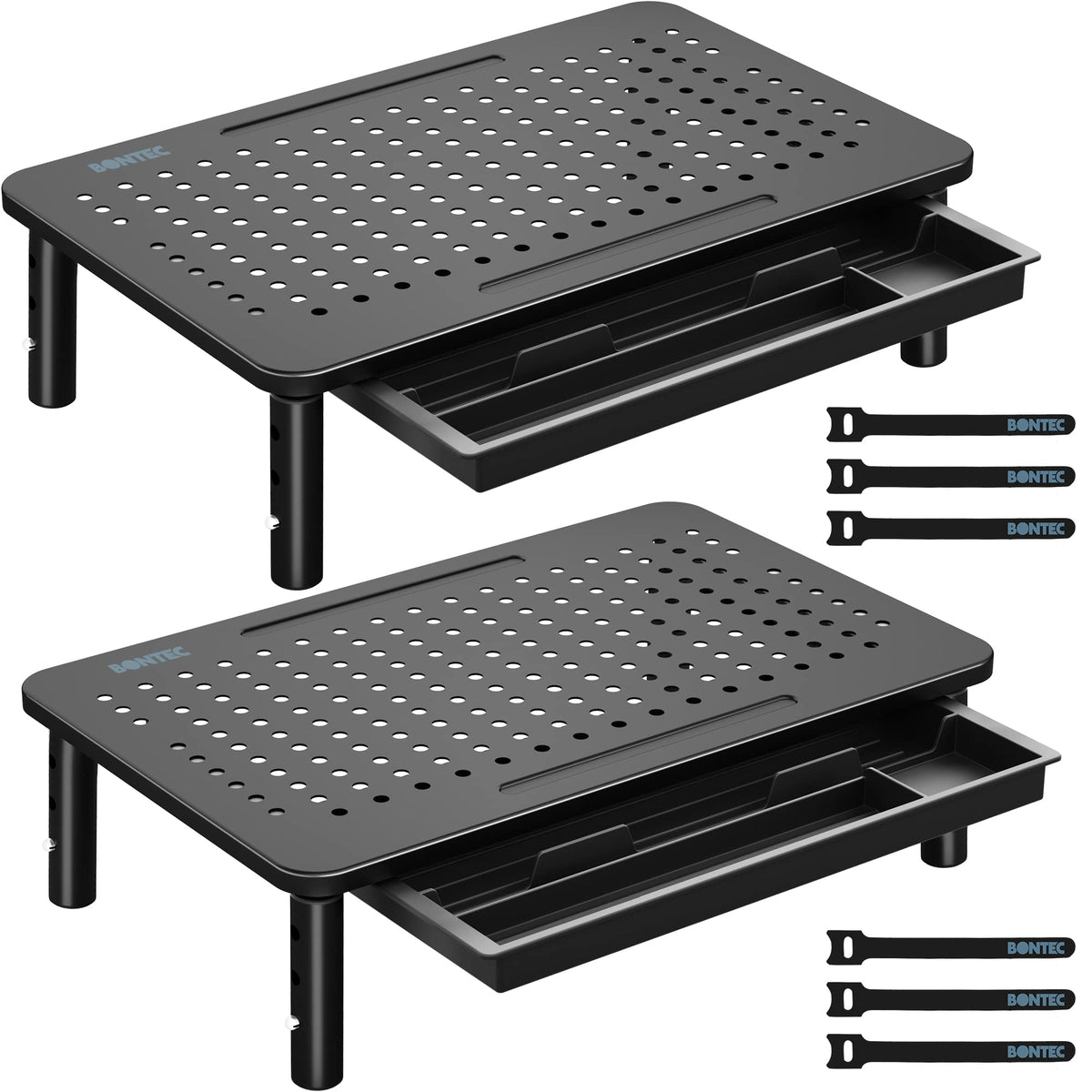 Bontec 2 Pack Monitor Stand Riser With Drawer, 3 Height Adjustable Pc Monitor Riser For Desk With Mesh Platform For Laptop, Comp